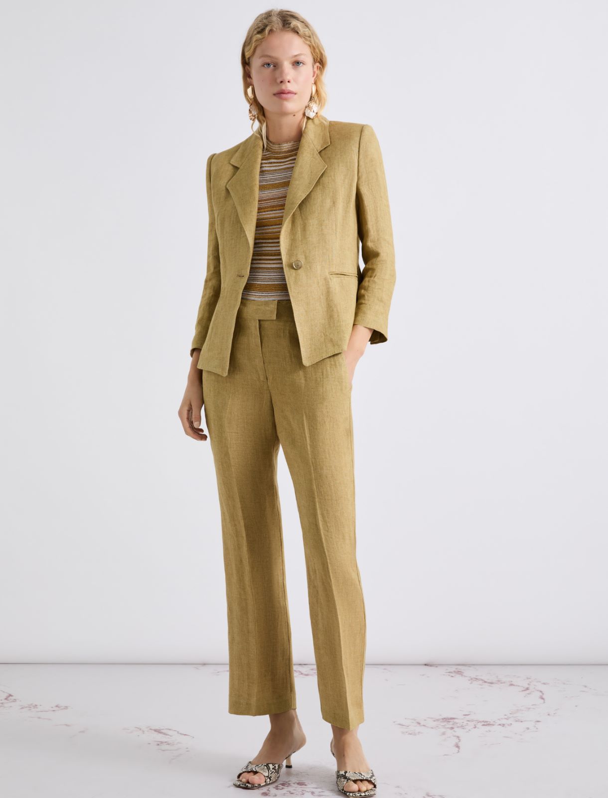 Spodnie z lnu z rozszerzaną nogawką - KHAKI - Marella - 4