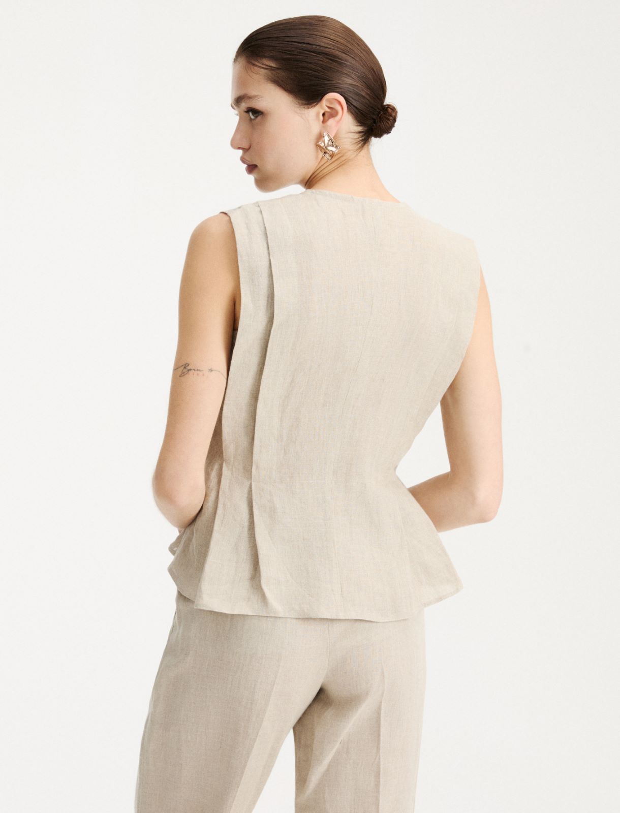Top bez rękawów z płótna lnianego - ECRU - Marella - 3