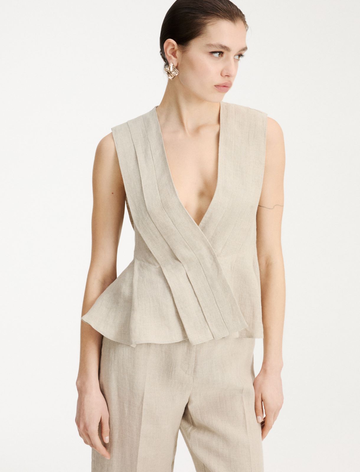 Top bez rękawów z płótna lnianego - ECRU - Marella - 4