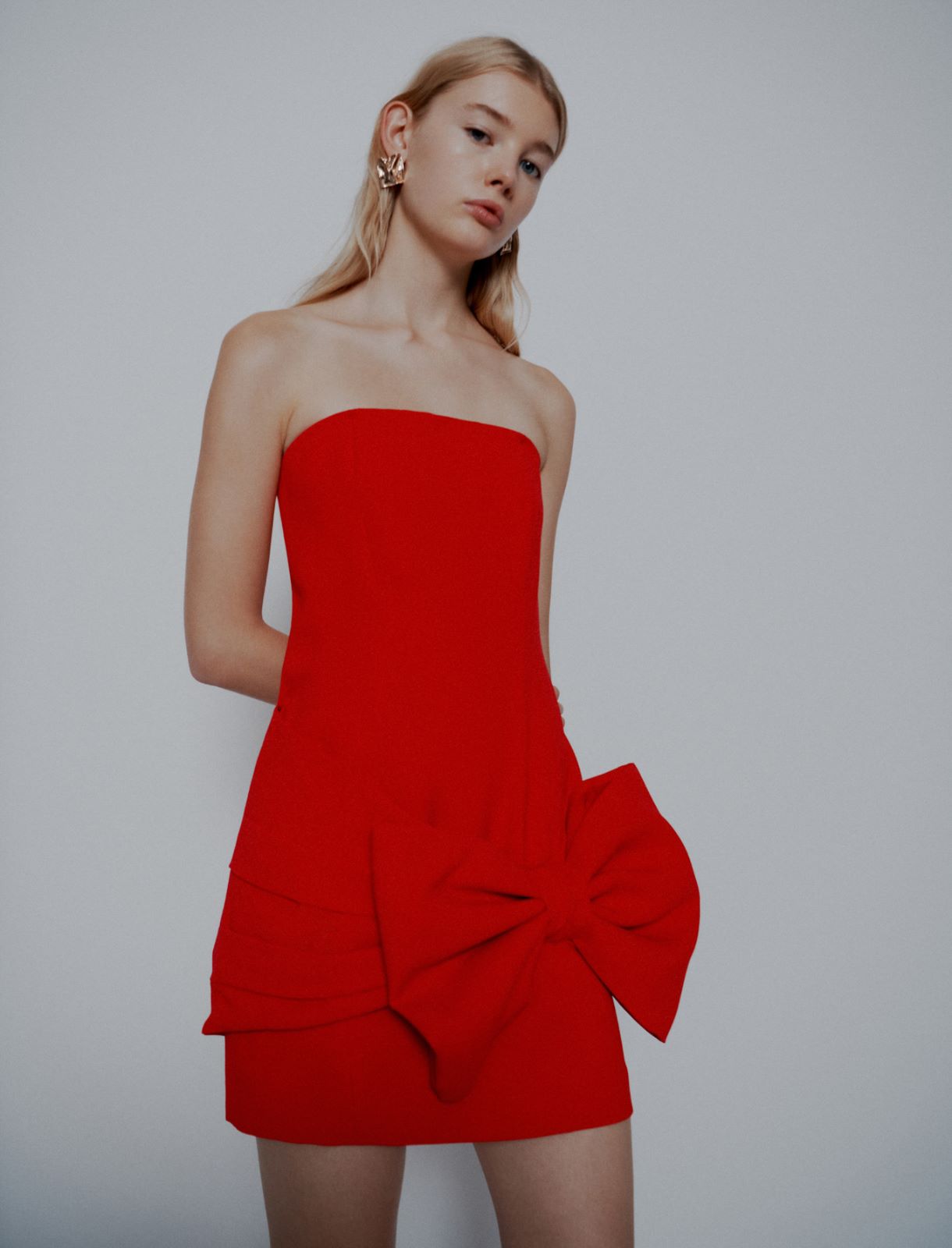 Bow-detail envers satin bustier dress - RED - Marella - 4