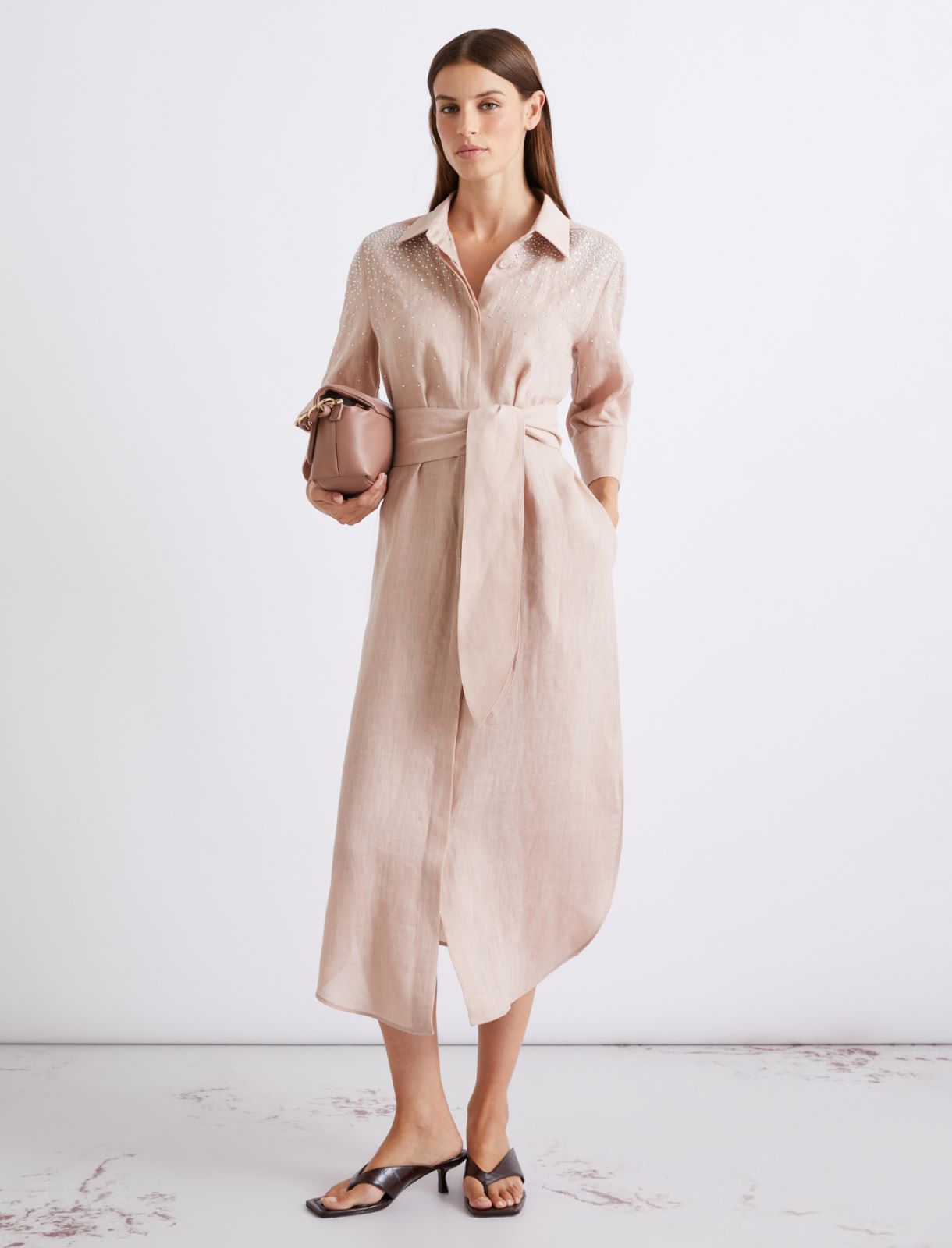 Rhinestone-adorned linen shirt dress - POWDER - Marella - 2