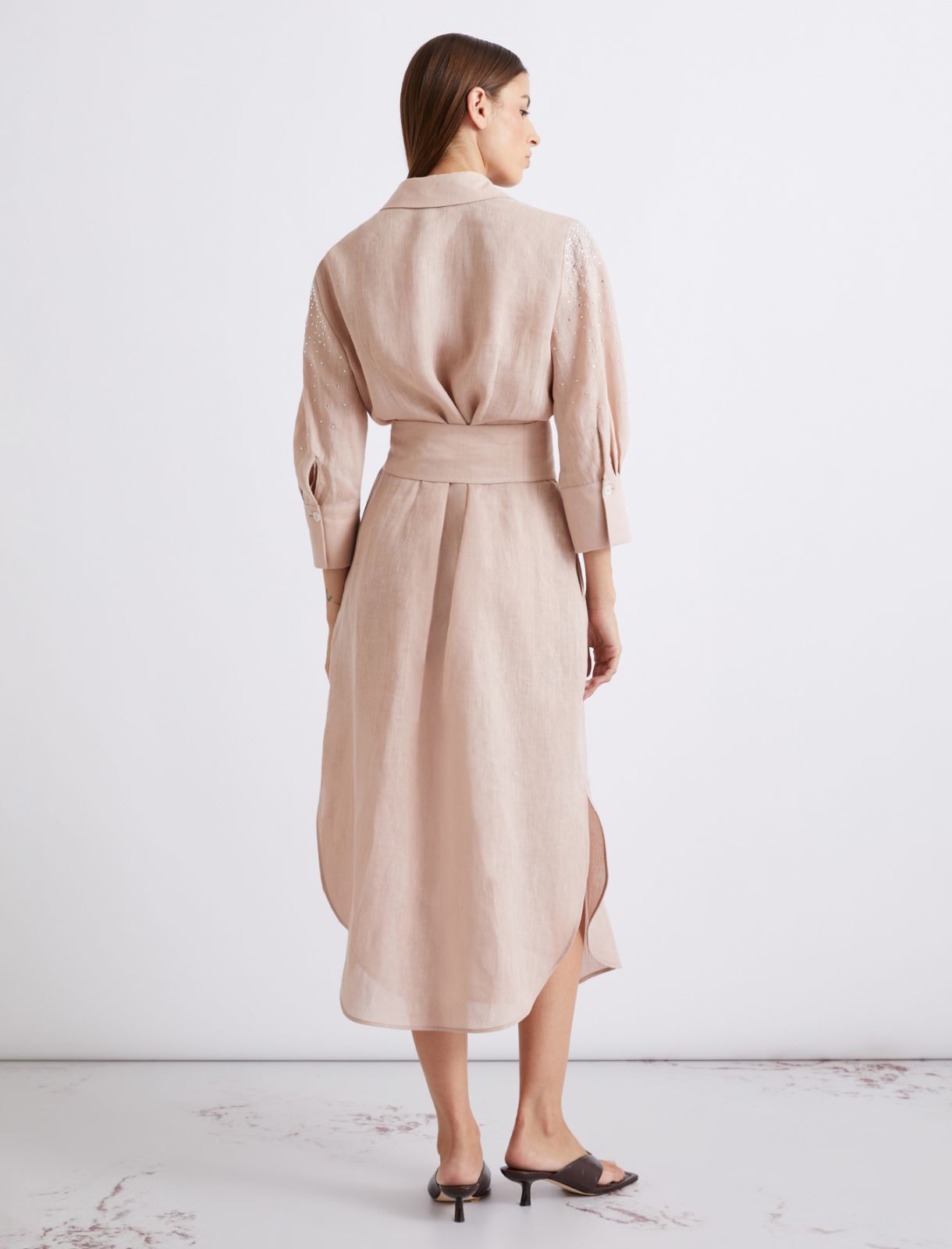Rhinestone-adorned linen shirt dress - POWDER - Marella - 3