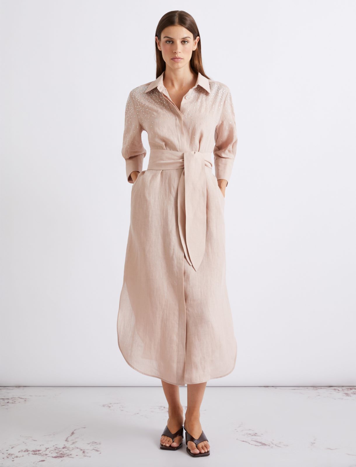 Rhinestone-adorned linen shirt dress - POWDER - Marella - 4