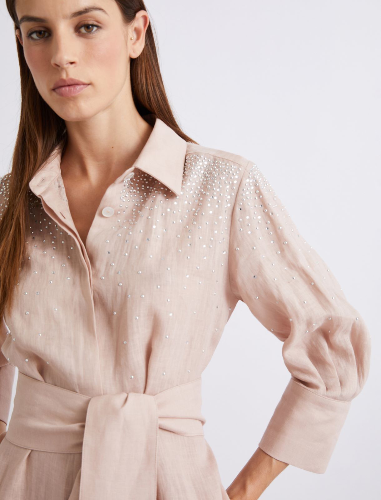 Rhinestone-adorned linen shirt dress - POWDER - Marella - 5