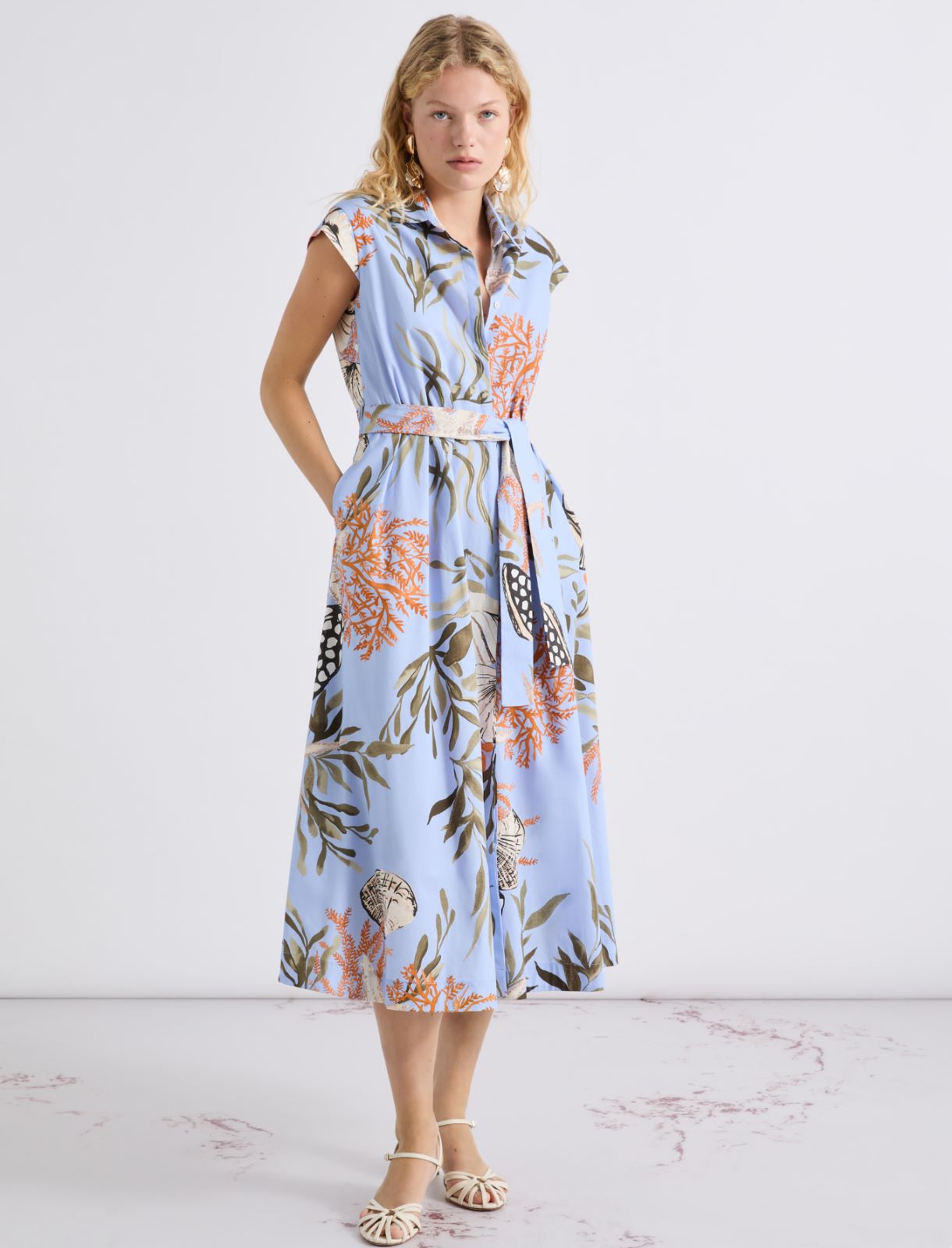 Hemdblusenkleid aus bedrucktem Baumwoll-Stretch - AZURBLAU - Marella - 4