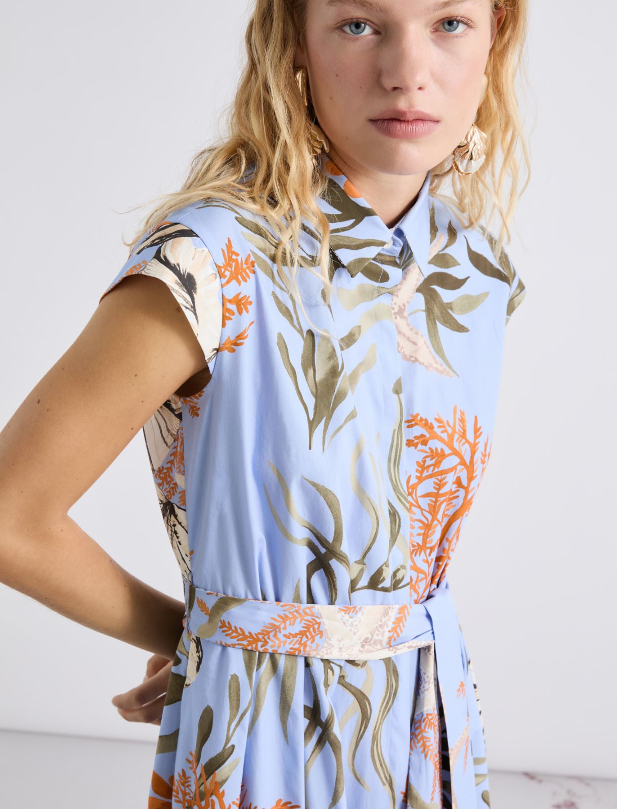 Hemdblusenkleid aus bedrucktem Baumwoll-Stretch - AZURBLAU - Marella - 5