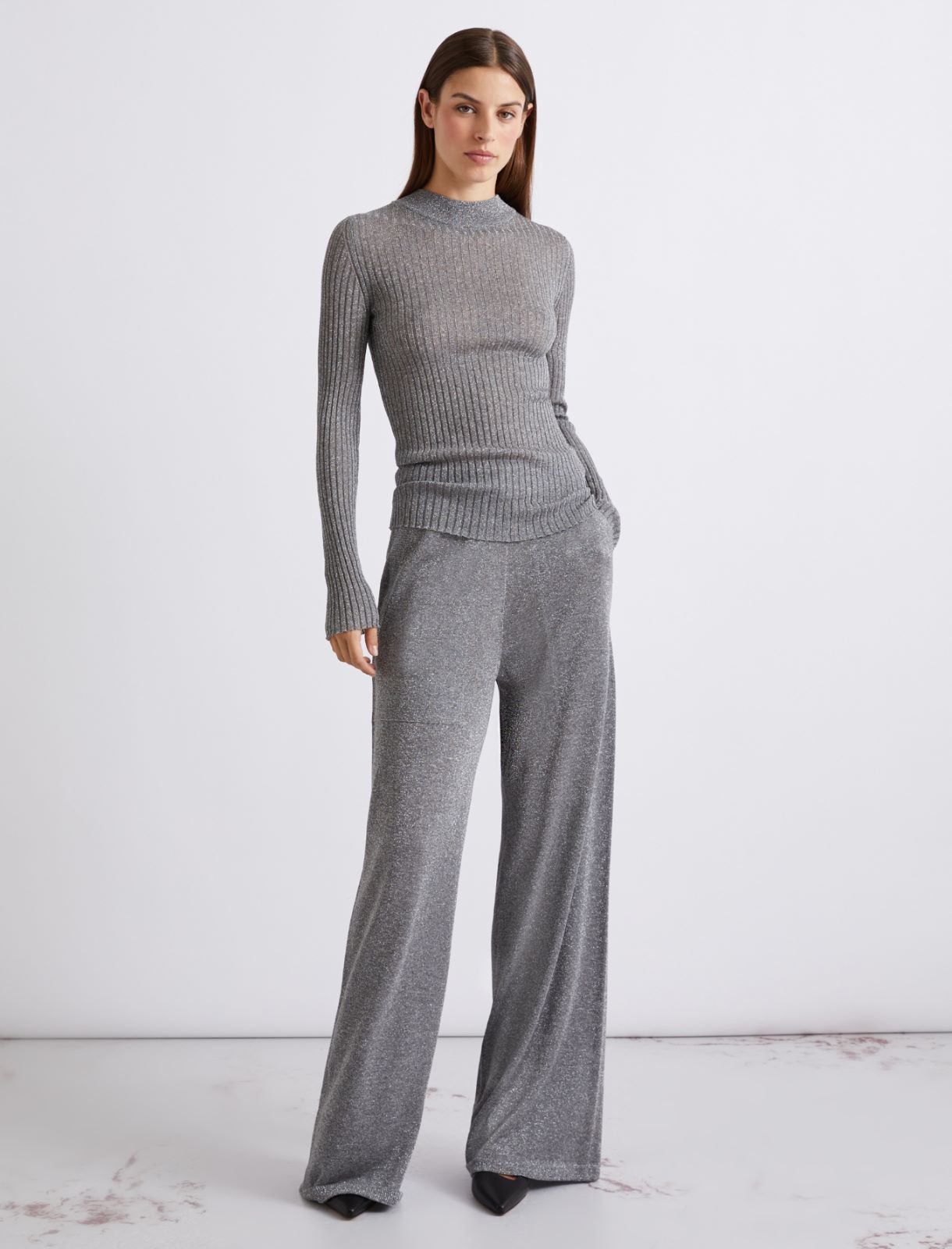 Lurex-embellished wide-fit knitted trousers - GREY - Marella - 4