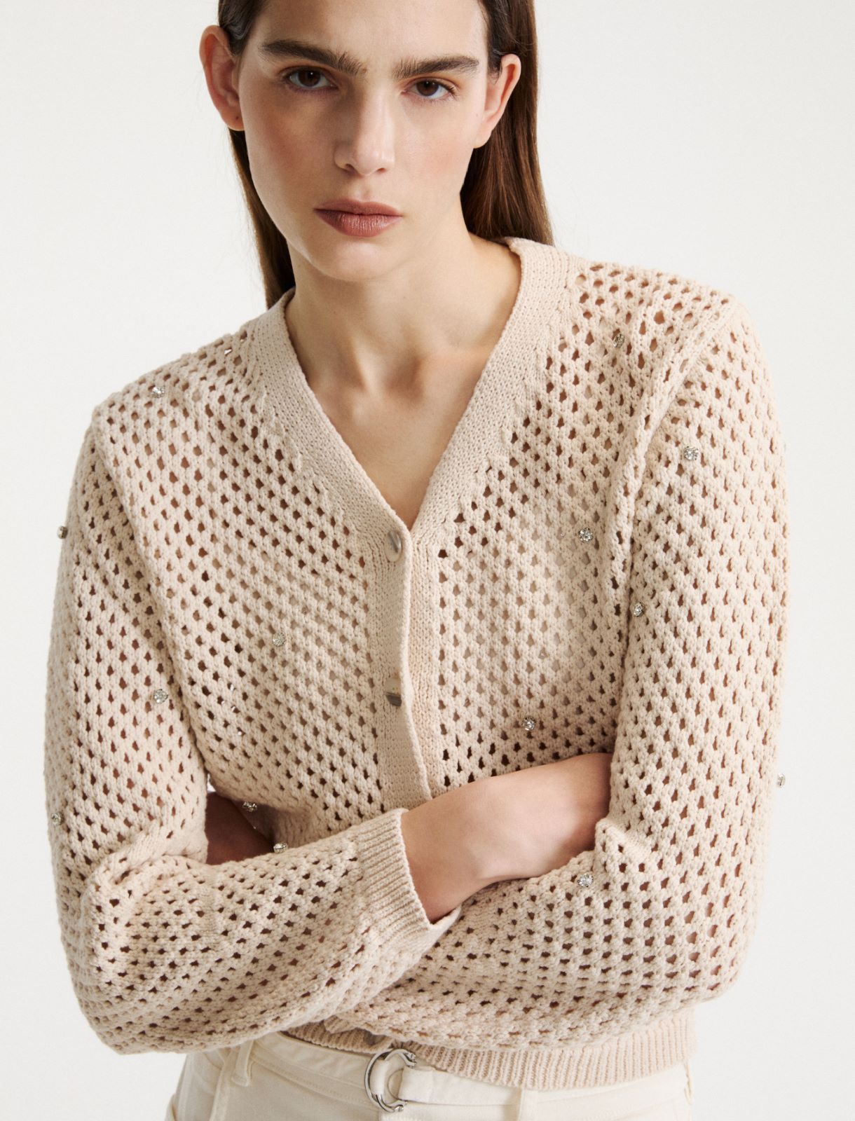 Cardigan a rete con strass - BIANCO LANA - Marella - 5