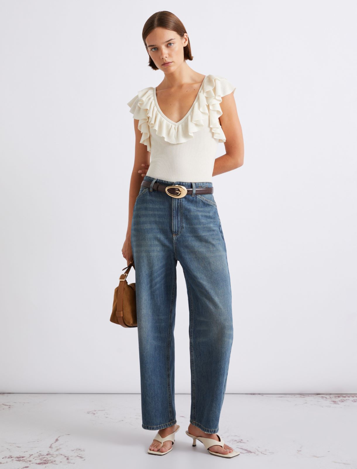 Ruffled fine rib-knit top - CREAM - Marella - 2