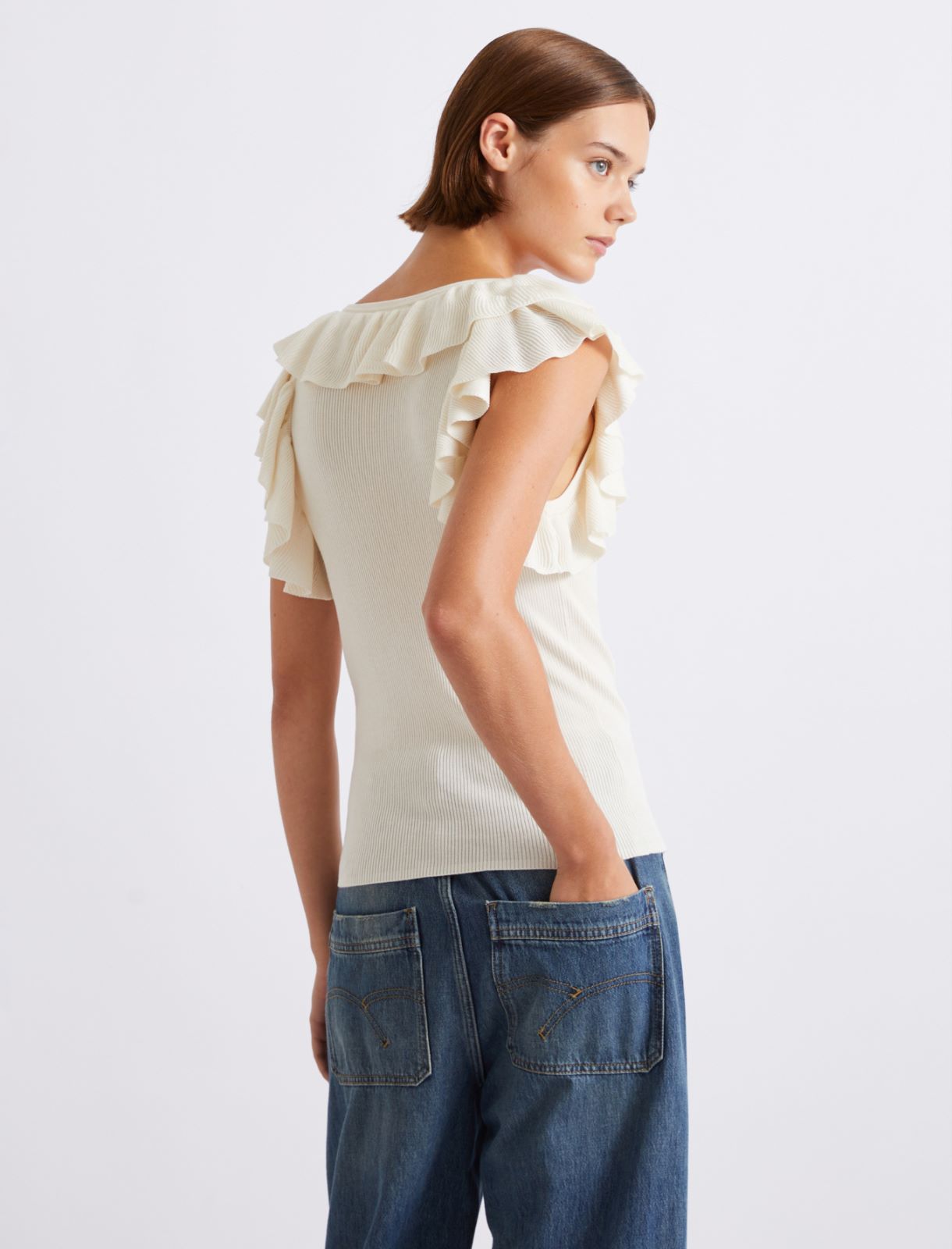 Ruffled fine rib-knit top - CREAM - Marella - 3