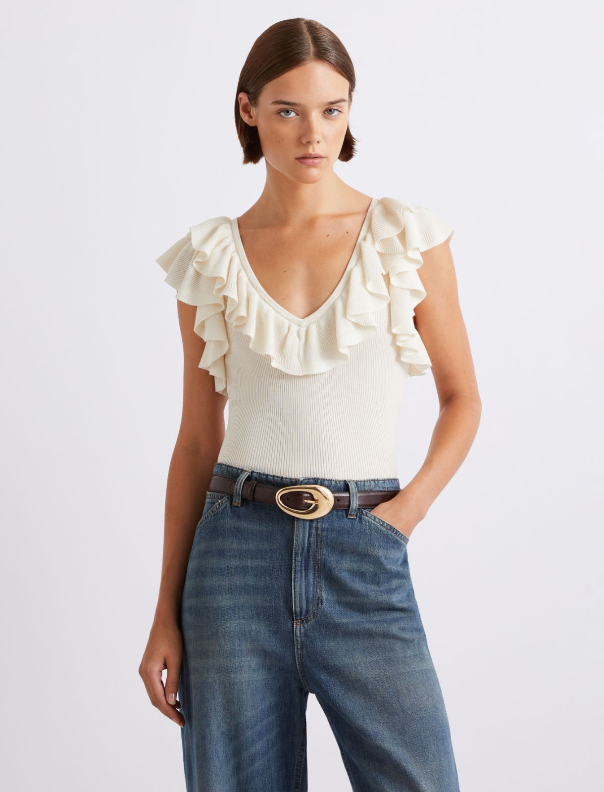 Ruffled fine rib-knit top - CREAM - Marella - 4