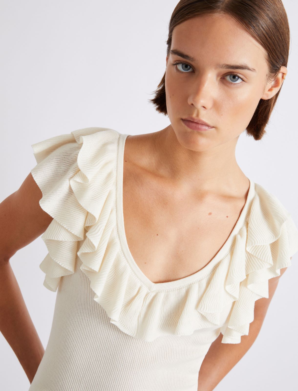 Ruffled fine rib-knit top - CREAM - Marella - 5