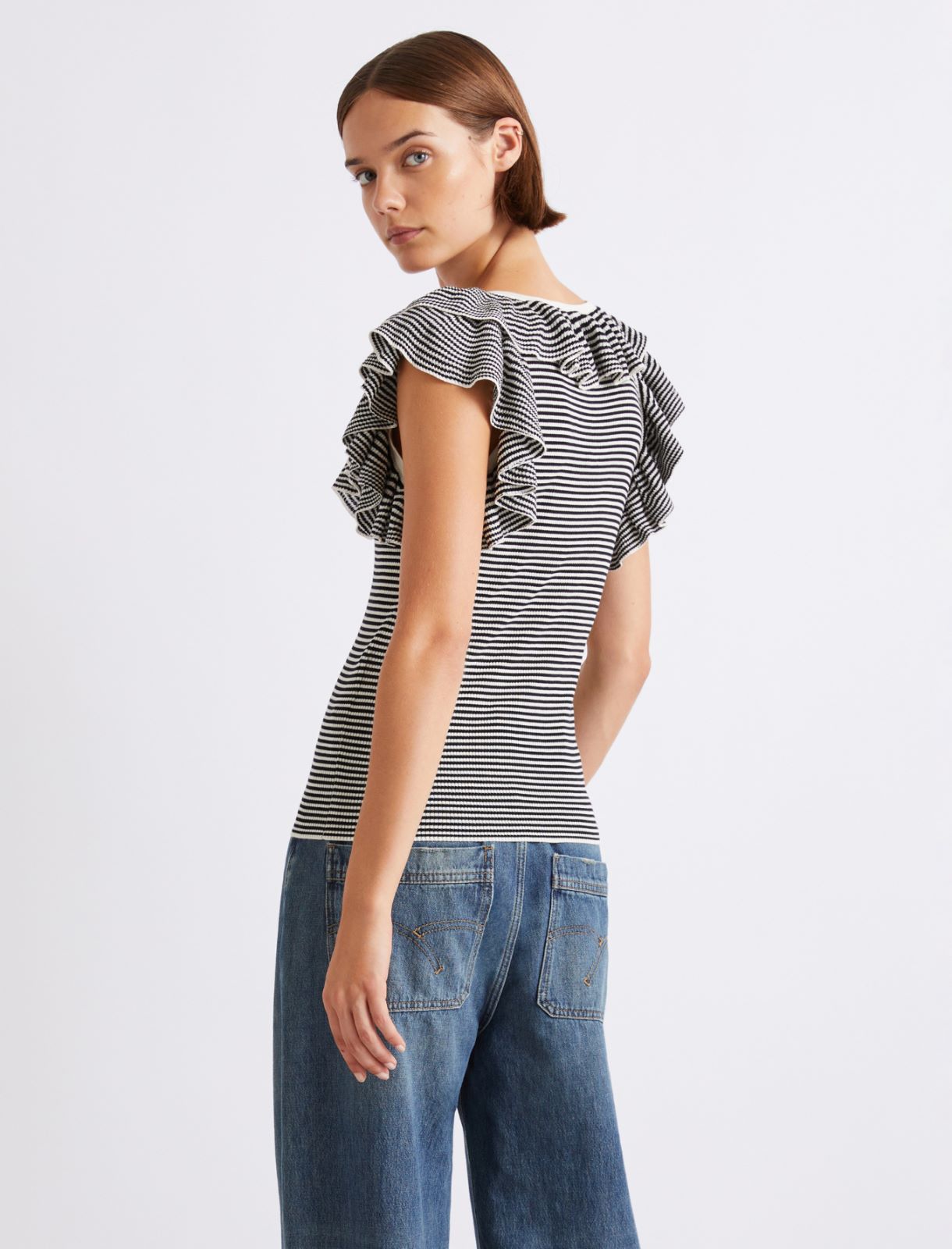 Ruffled fine rib-knit top - CREAM - Marella - 3