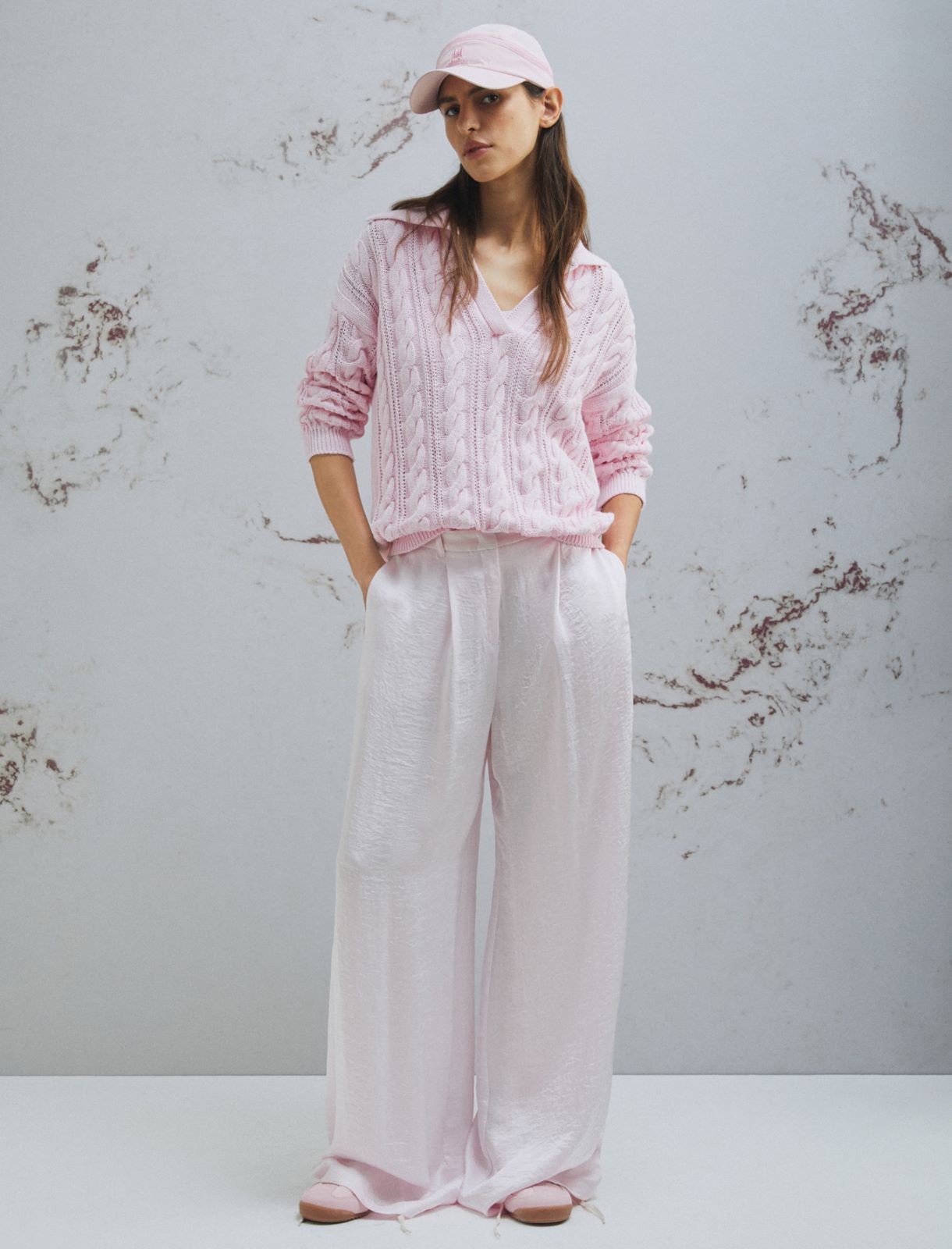 Cable-knit cotton polo sweater - PINK - Marella - 2