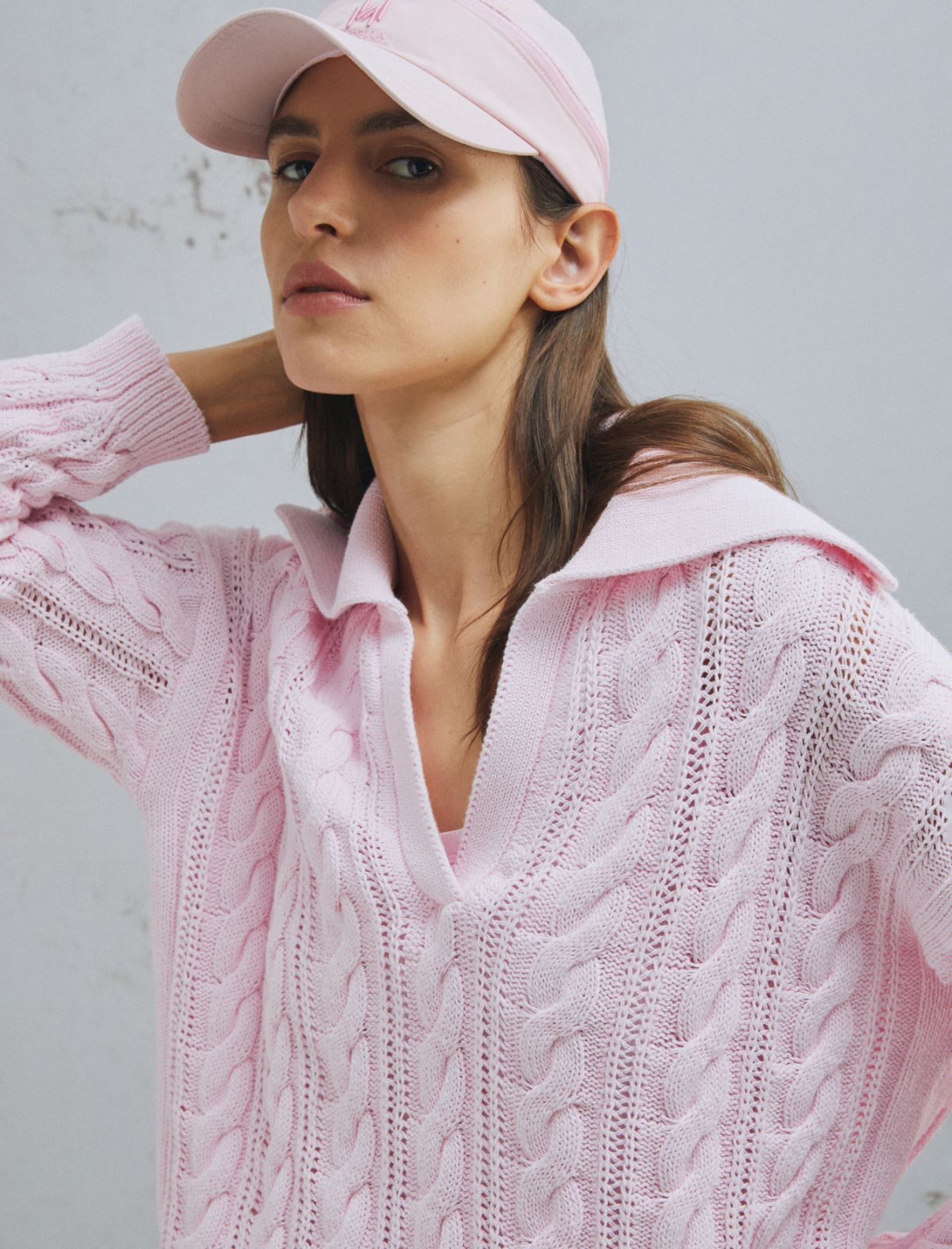 Cable-knit cotton polo sweater - PINK - Marella - 5