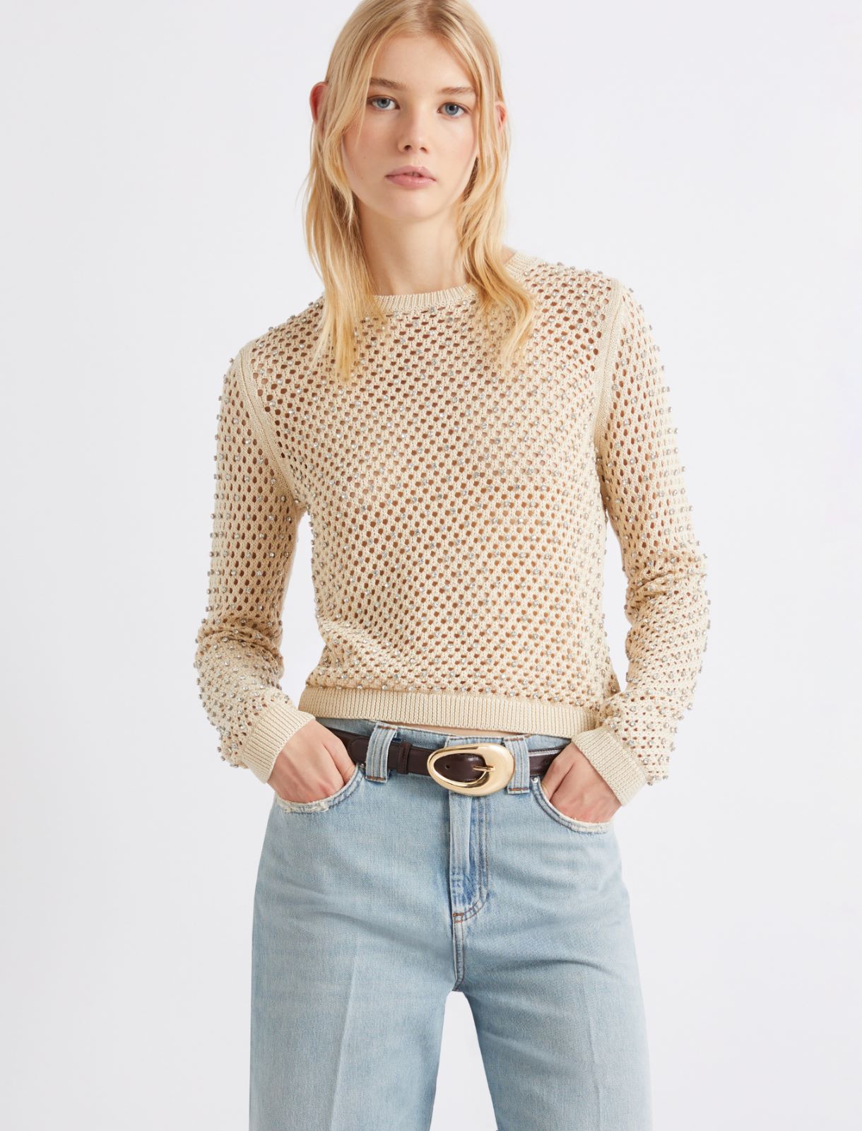 Mesh-knit sweater with rhinestone detail - WOOL WHITE - Marella - 4
