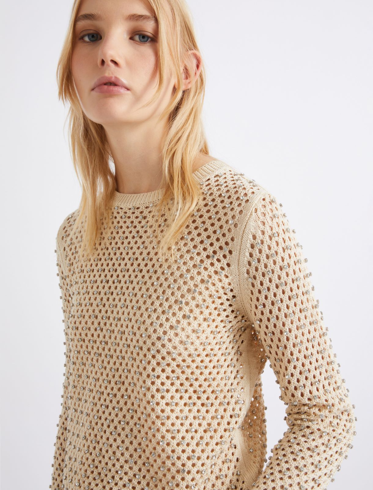 Mesh-knit sweater with rhinestone detail - WOOL WHITE - Marella - 5