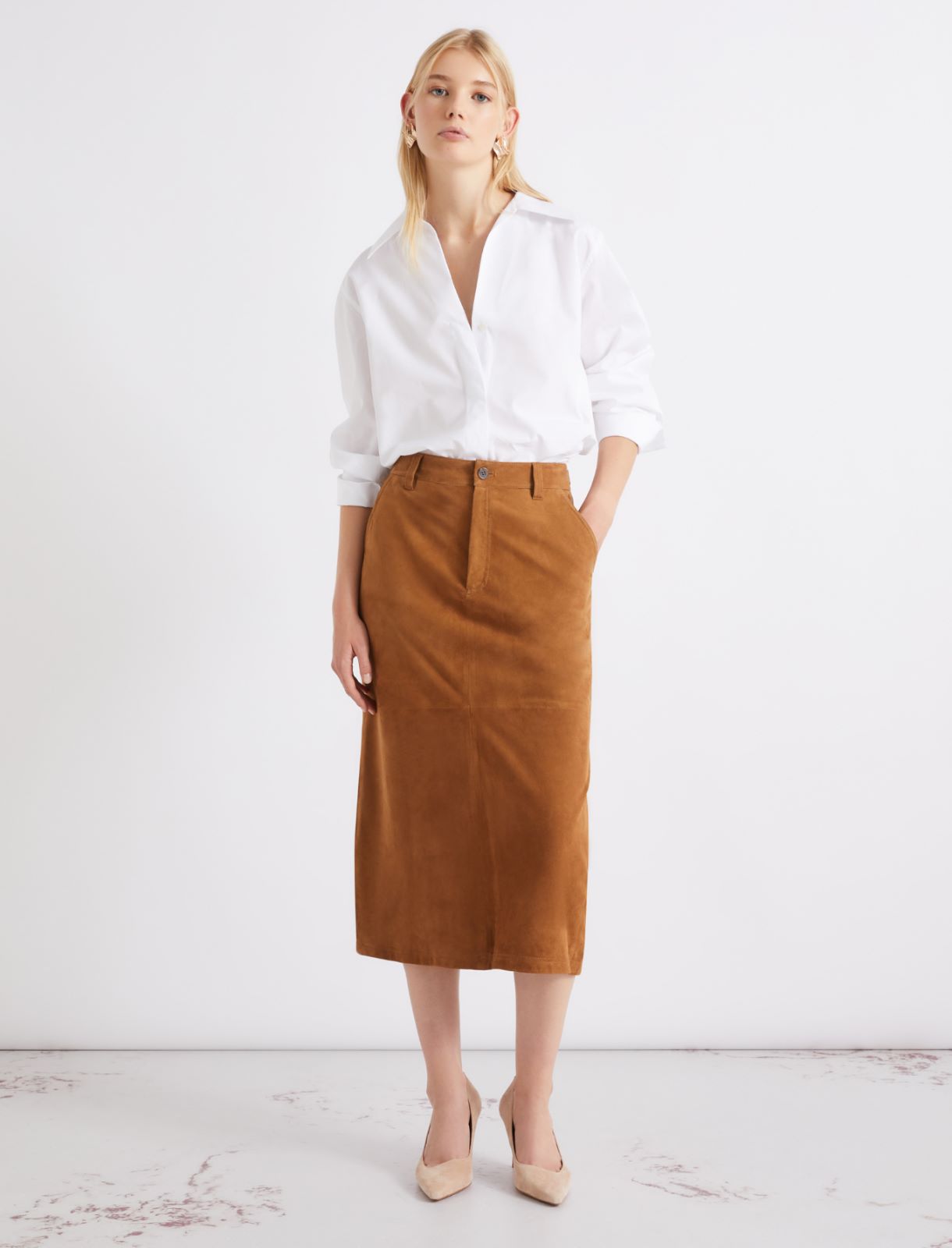 Straight-fit suede skirt - CAMEL - Marella - 4