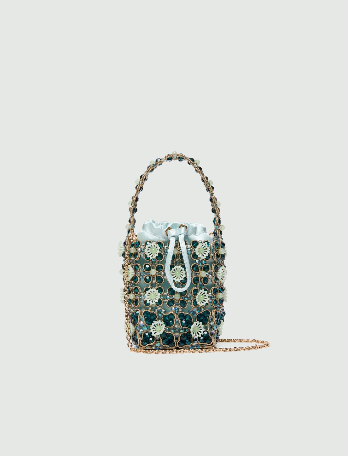 Small bead-embroidered bucket bag - AQUAMARINE - Marella