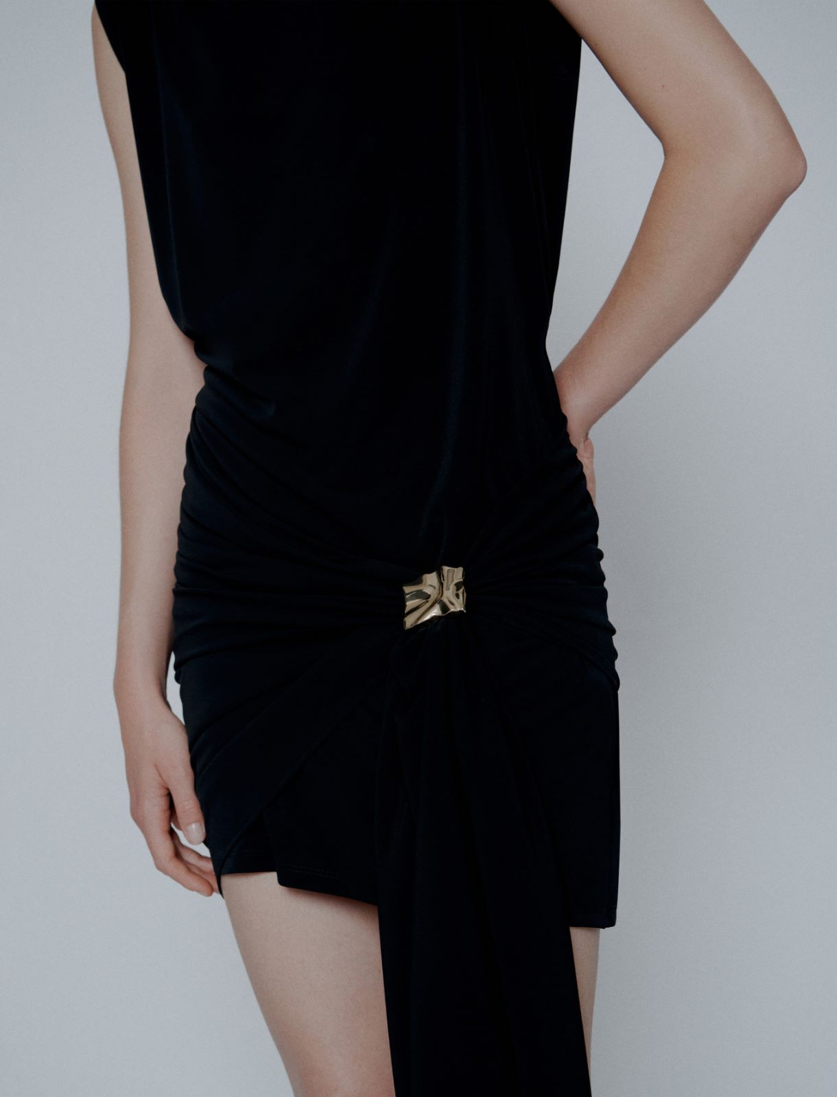 Jersey mini dress with draped belt detail - Black - Marella - 5
