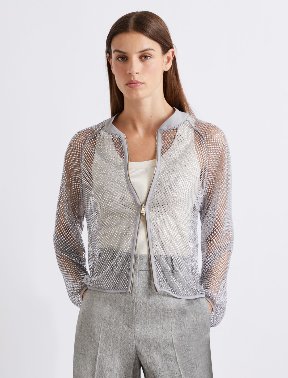 Rhinestone mesh blouson jacket - Grey - Marella - 4