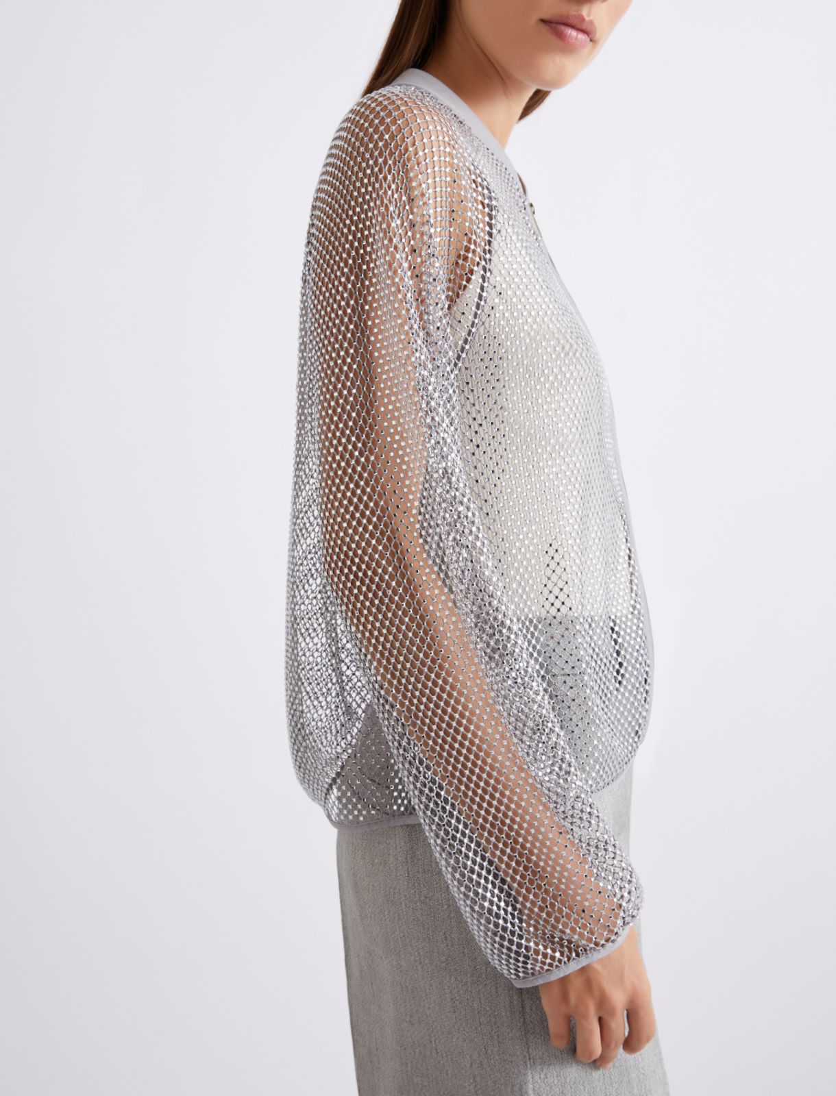 Rhinestone mesh blouson jacket - Grey - Marella - 5