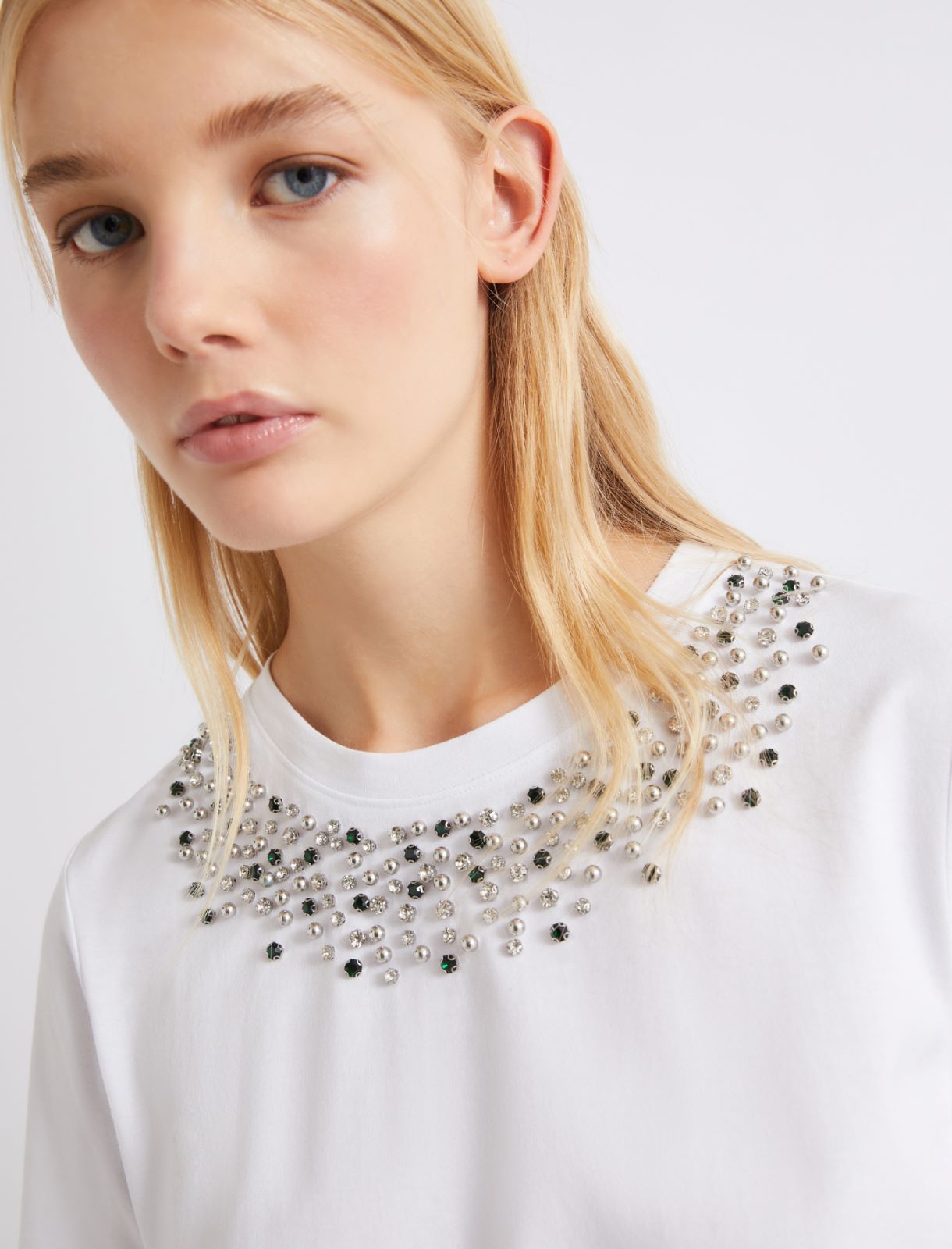 Bejewelled-detail T-shirt - OPTICAL WHITE - Marella - 5