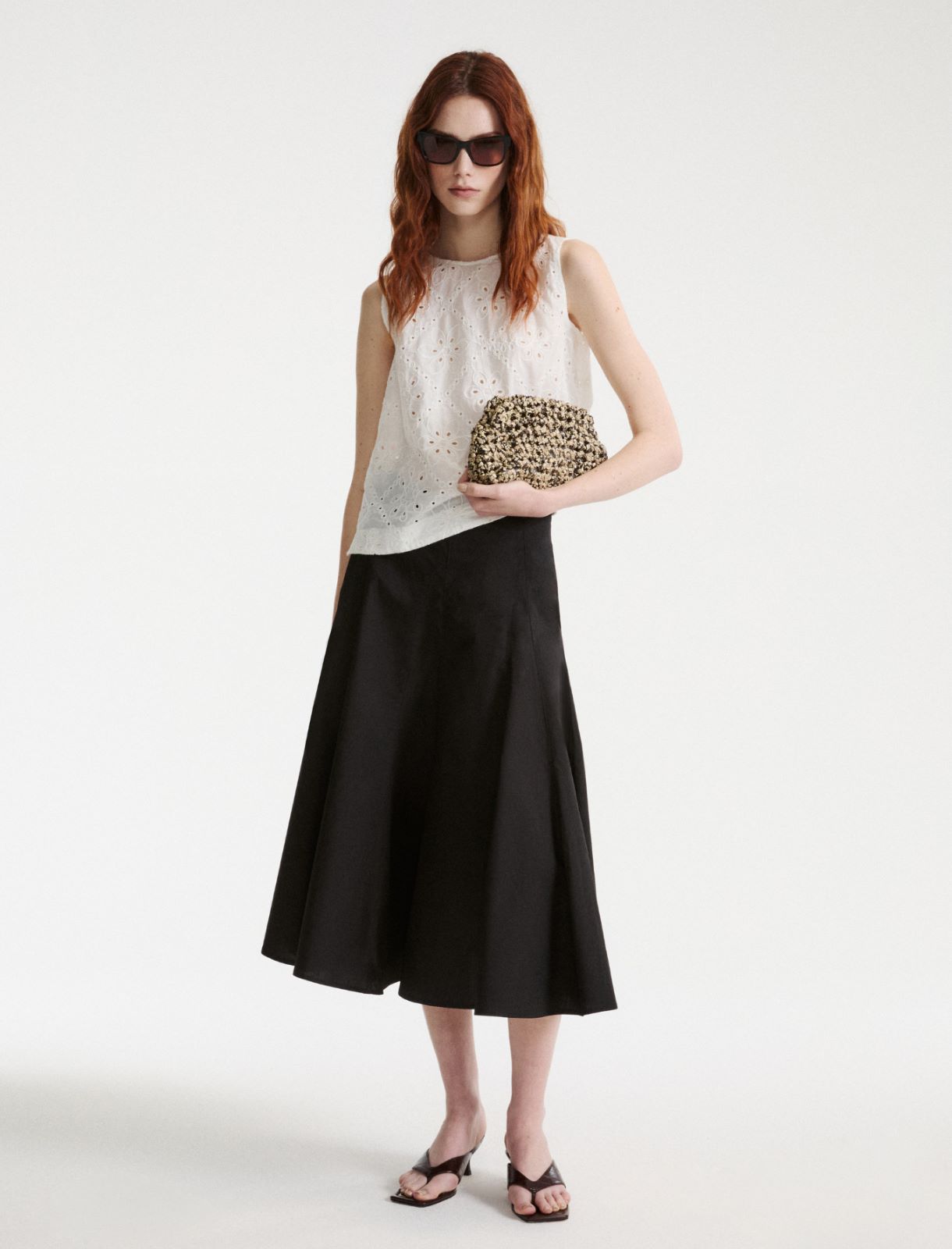 Rozkloszowana popelinowa spódnica - Czarny - Marella - 2