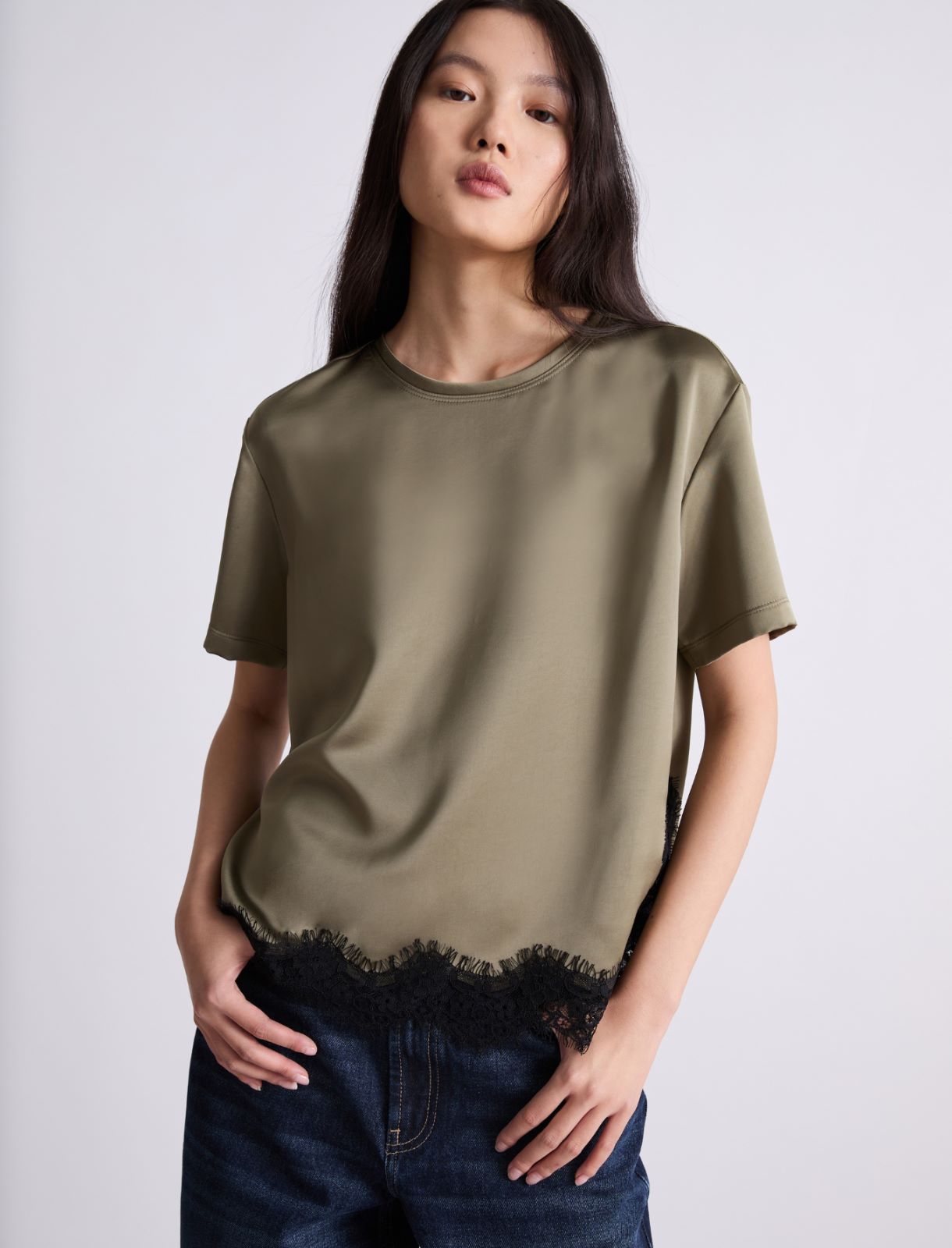 T-shirt in raso con pizzo - KAKI - Marella - 4