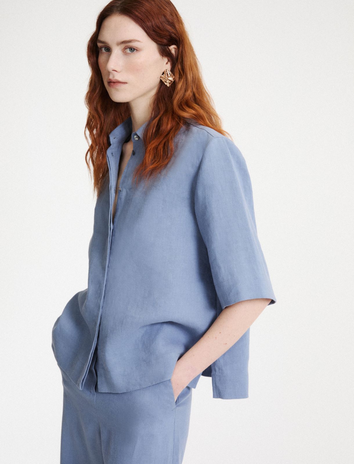 Pure linen cape shirt - Dust blue - Marella - 4