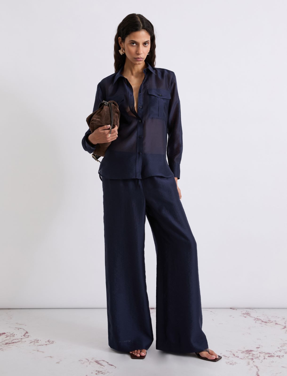 Organdynowe spodnie z szeroką nogawką - CIEMNOGRANATOWY - Marella - 2