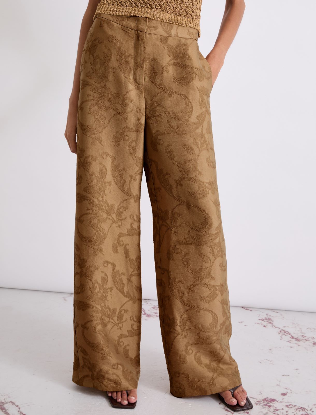 Embroidered fabric wide-leg trousers - BEIGE - Marella - 5