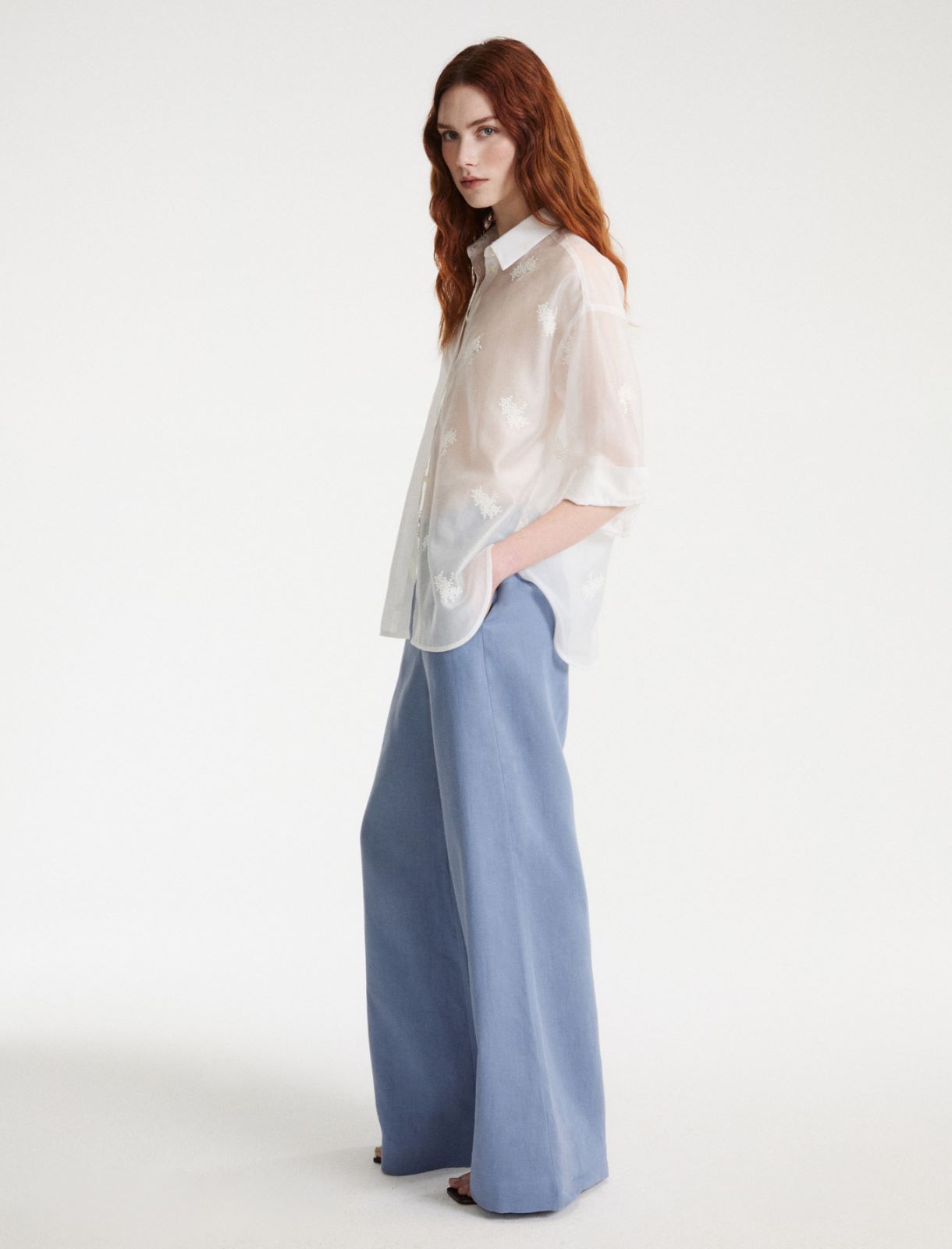 Linen wide-leg trousers - Dust blue - Marella - 4