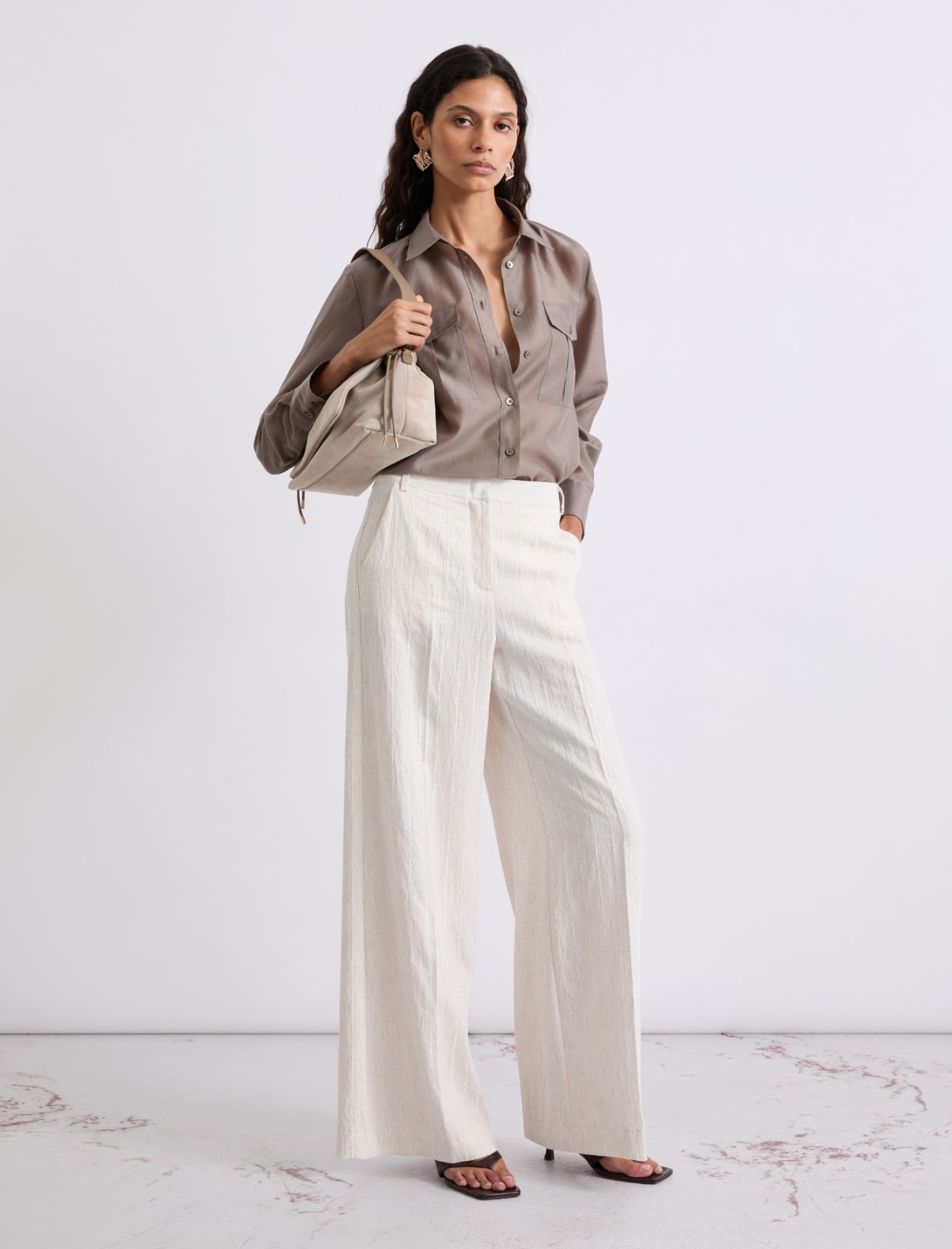 Spodnie wide leg z prążkiem i cekinami - PIASKOWY - Marella - 2