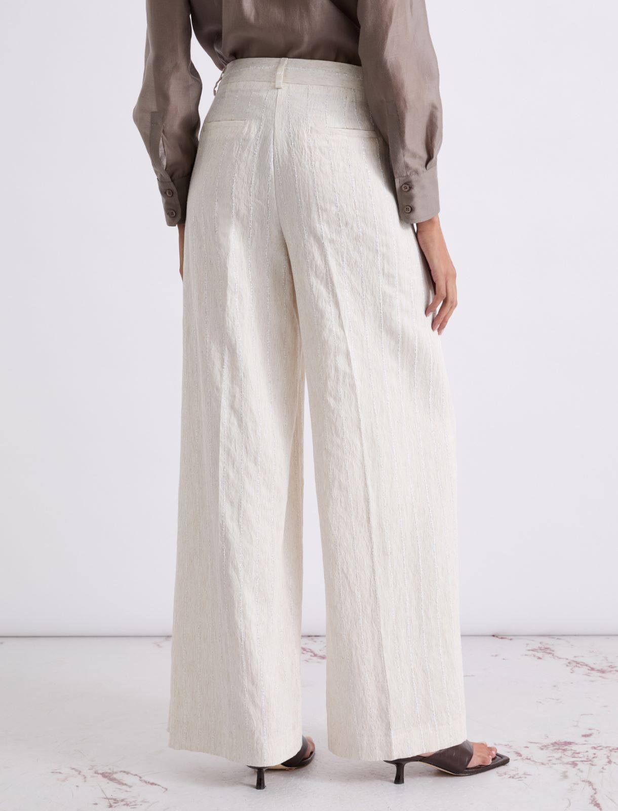 Spodnie wide leg z prążkiem i cekinami - PIASKOWY - Marella - 3