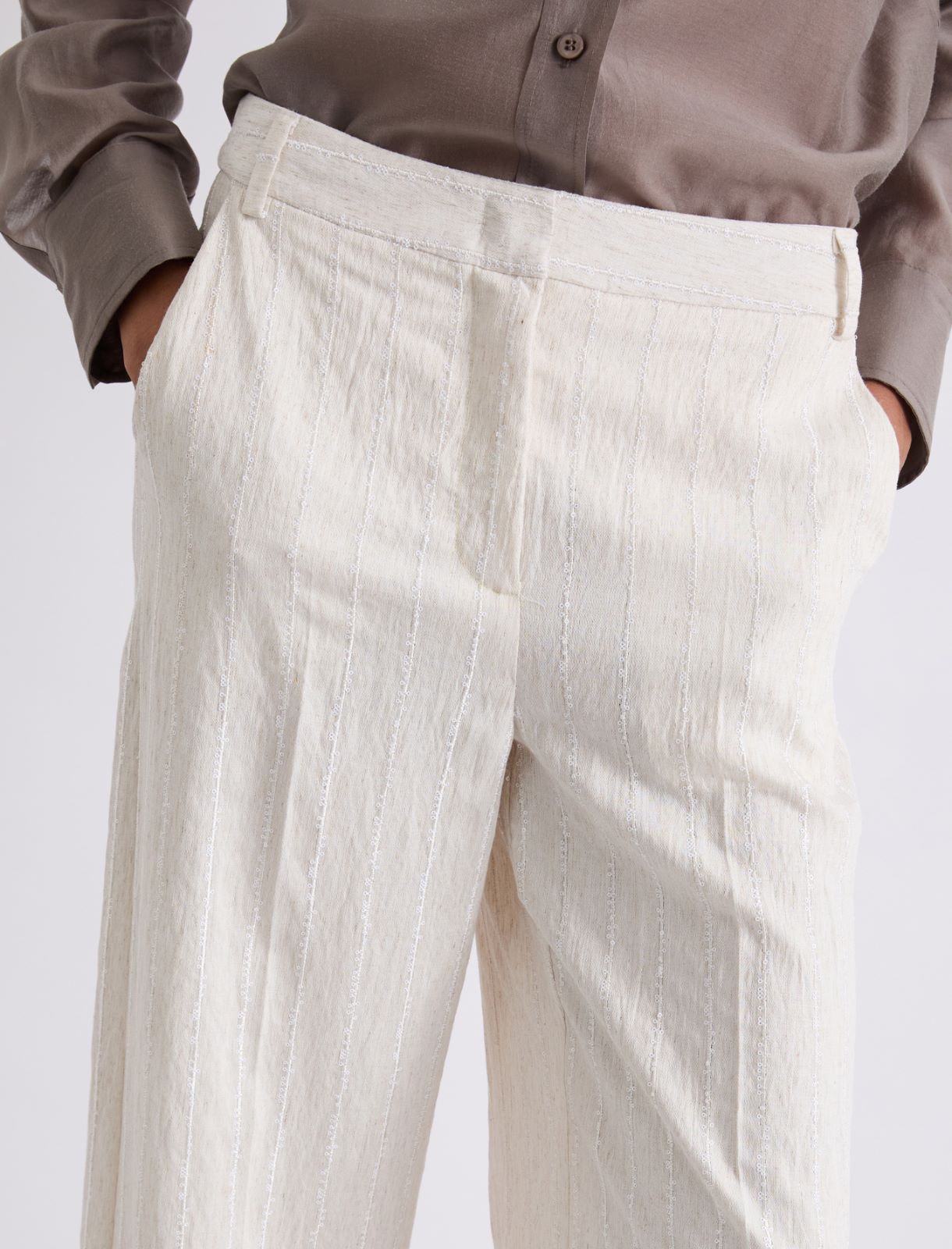 Spodnie wide leg z prążkiem i cekinami - PIASKOWY - Marella - 5