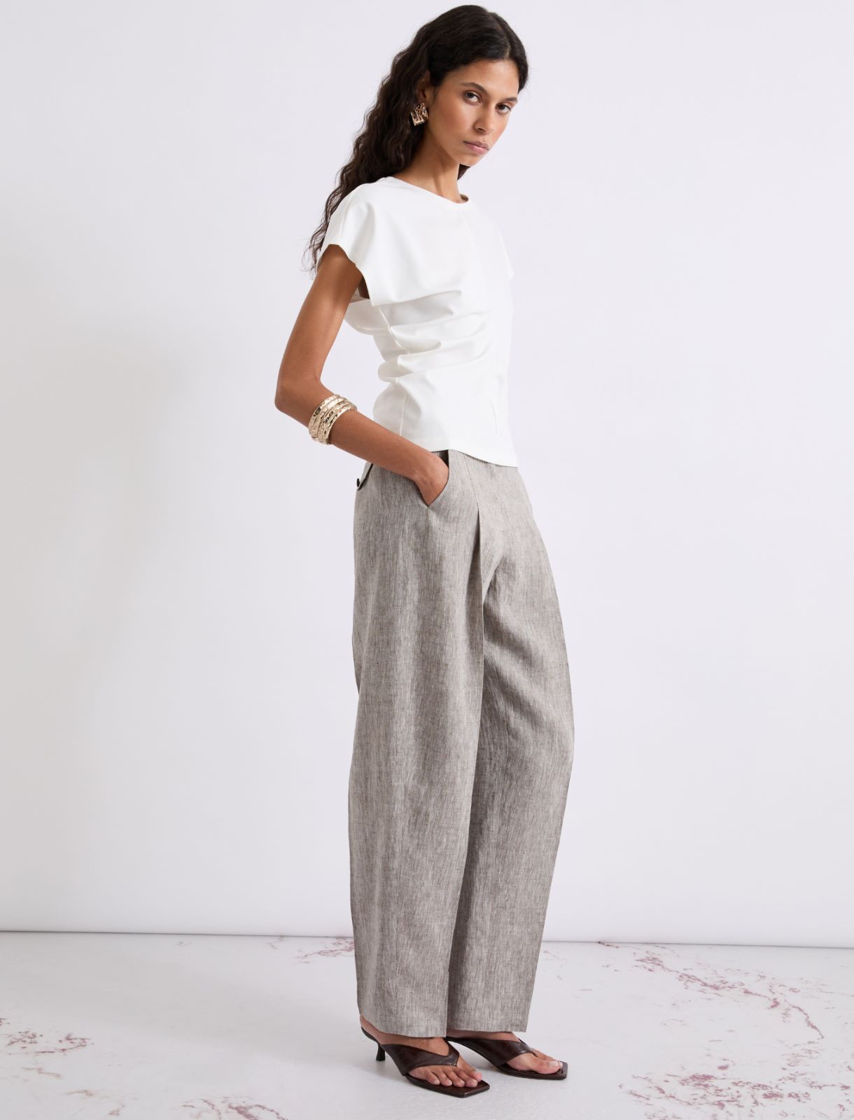 Linen barrel-leg trousers - BROWN - Marella - 4