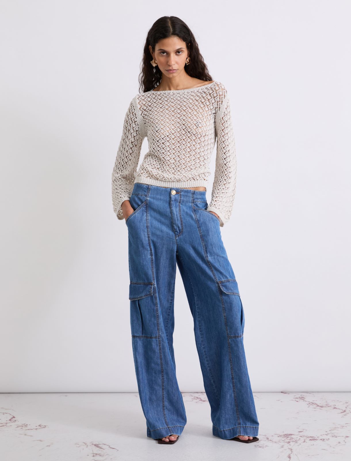 Dżinsy cargo z szeroką nogawką - NIEBIESKI DŻINSOWY - Marella - 4