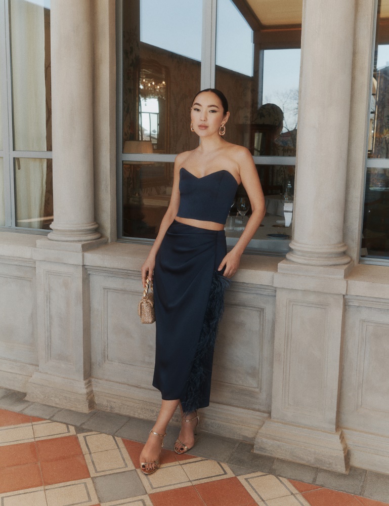 Feather-trimmed satin pencil skirt - Marella