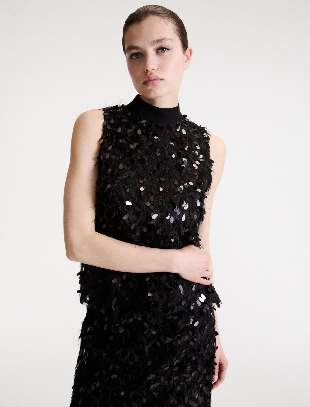 Sleeveless sequinned fil coupé top - BLACK - Marella - 4