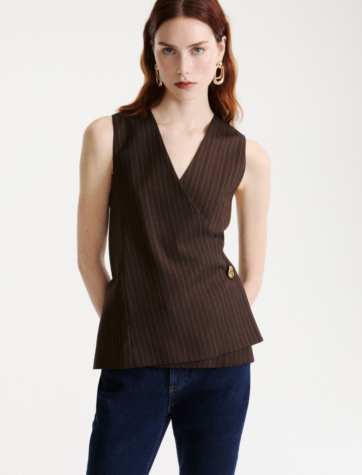 Pinstriped and plain twill waistcoat - BROWN - Marella - 5