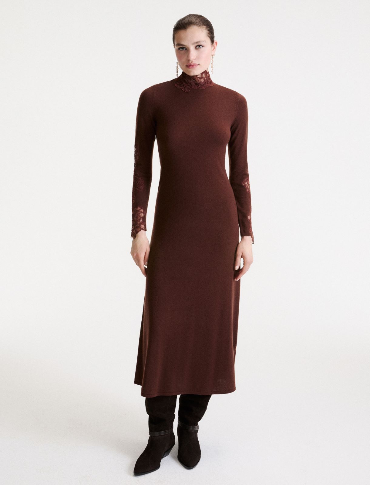 Vestido largo con incrustaciones de encaje - MARRON - Marella - 2