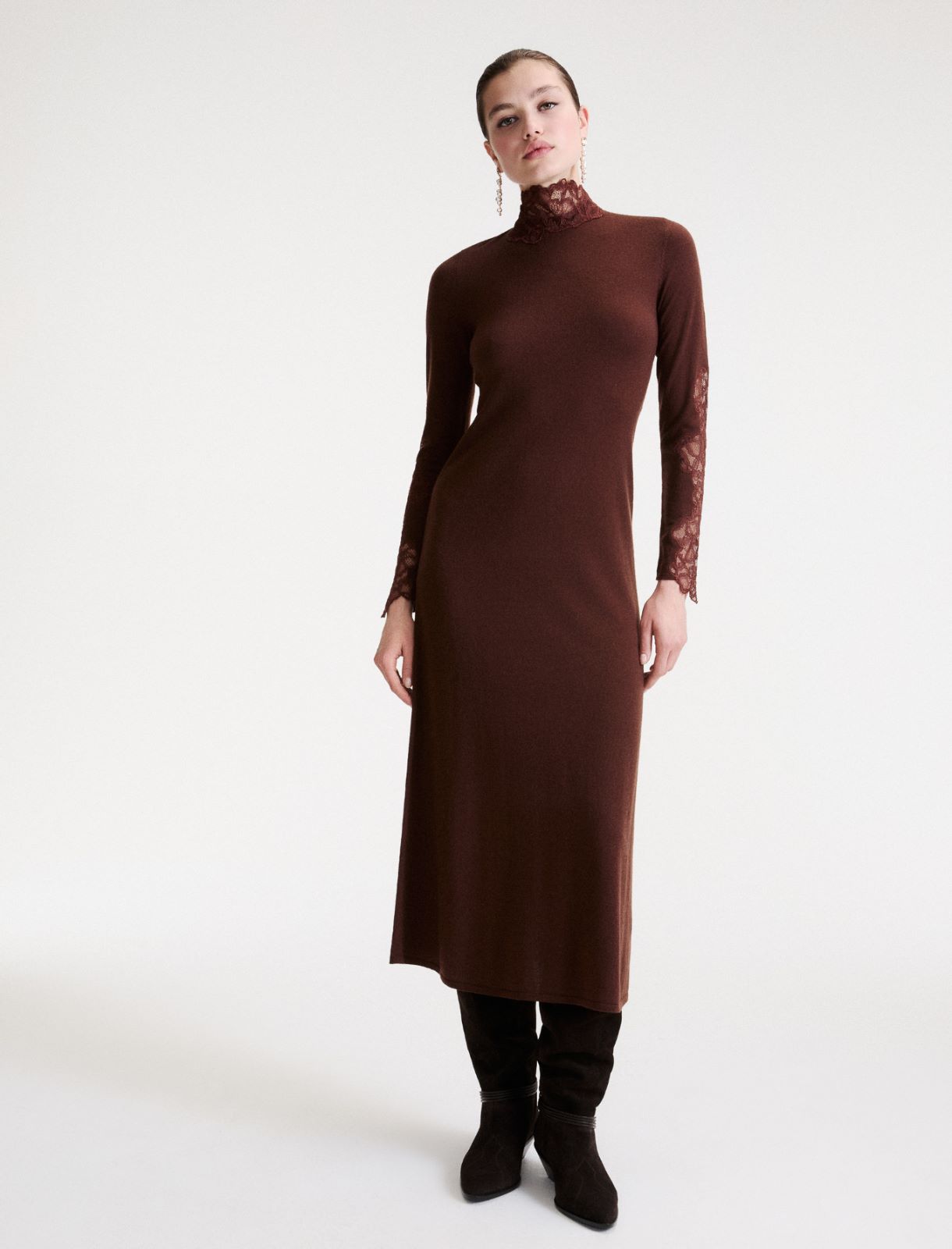 Vestido largo con incrustaciones de encaje - MARRON - Marella - 4