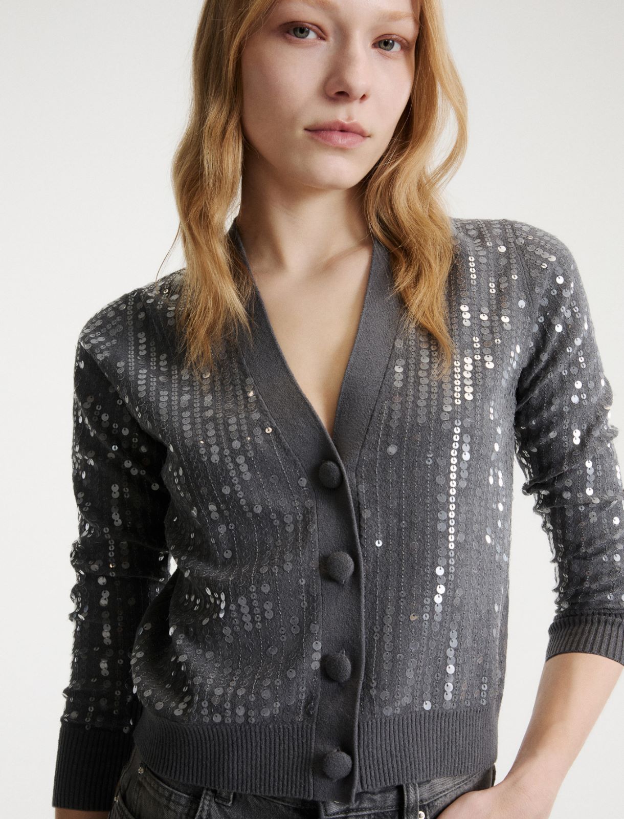 Cárdigan de punto bouclé con lentejuelas - GRIS CLARO - Marella - 5