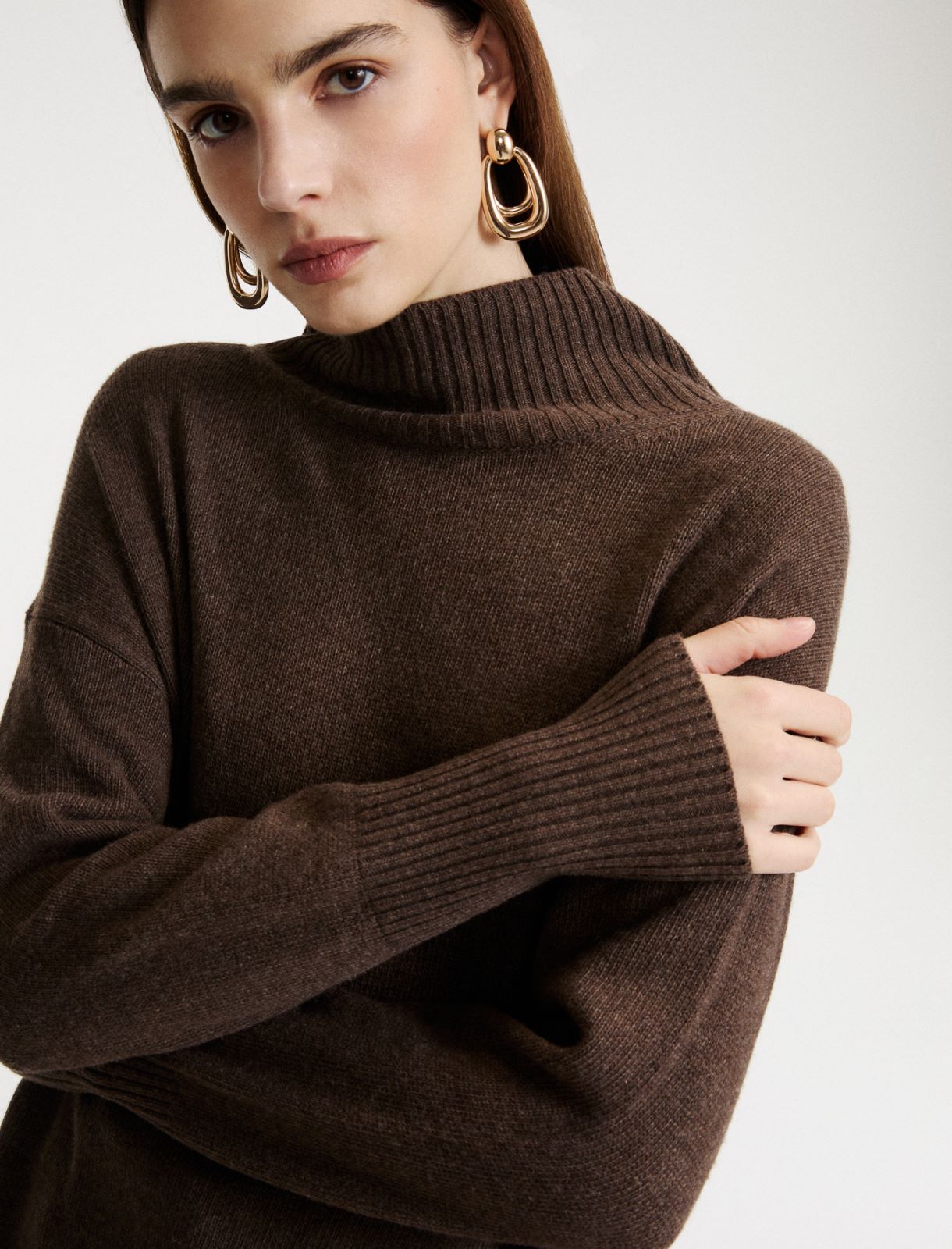 Pull à col montant en mélange de cachemire avec ceinture-foulard en soie - MARRON FONCE - Marella - 5