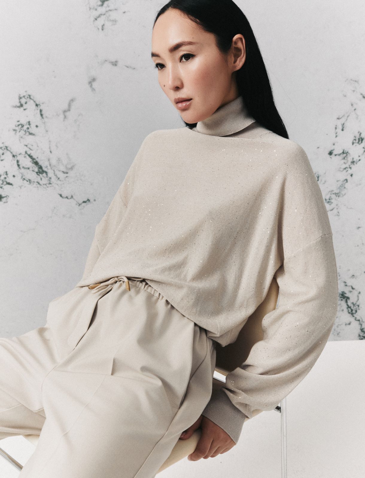 Micro-sequin mock polo-neck jumper - TURTLEDOVE - Marella - 4