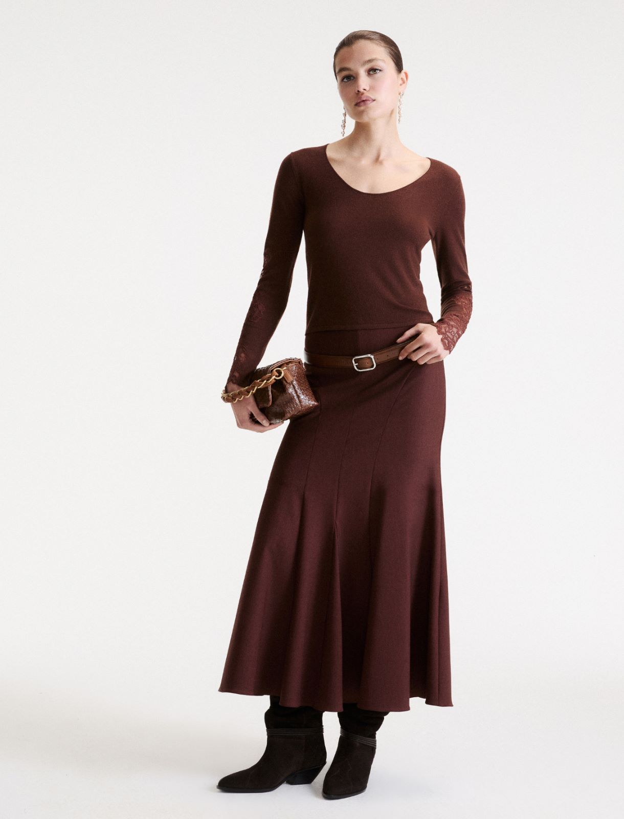 Slim-fit jumper with lace inlays - BROWN - Marella - 2
