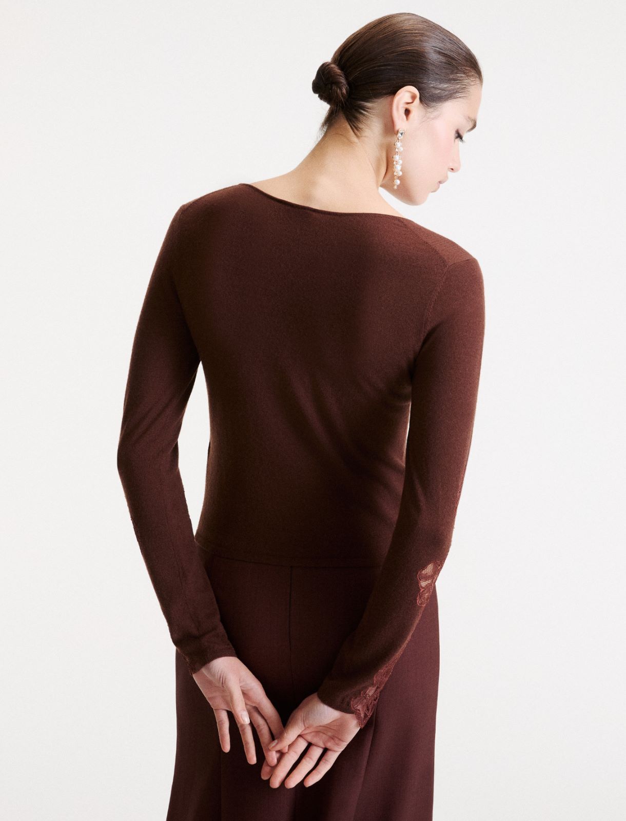 Slim-fit jumper with lace inlays - BROWN - Marella - 3