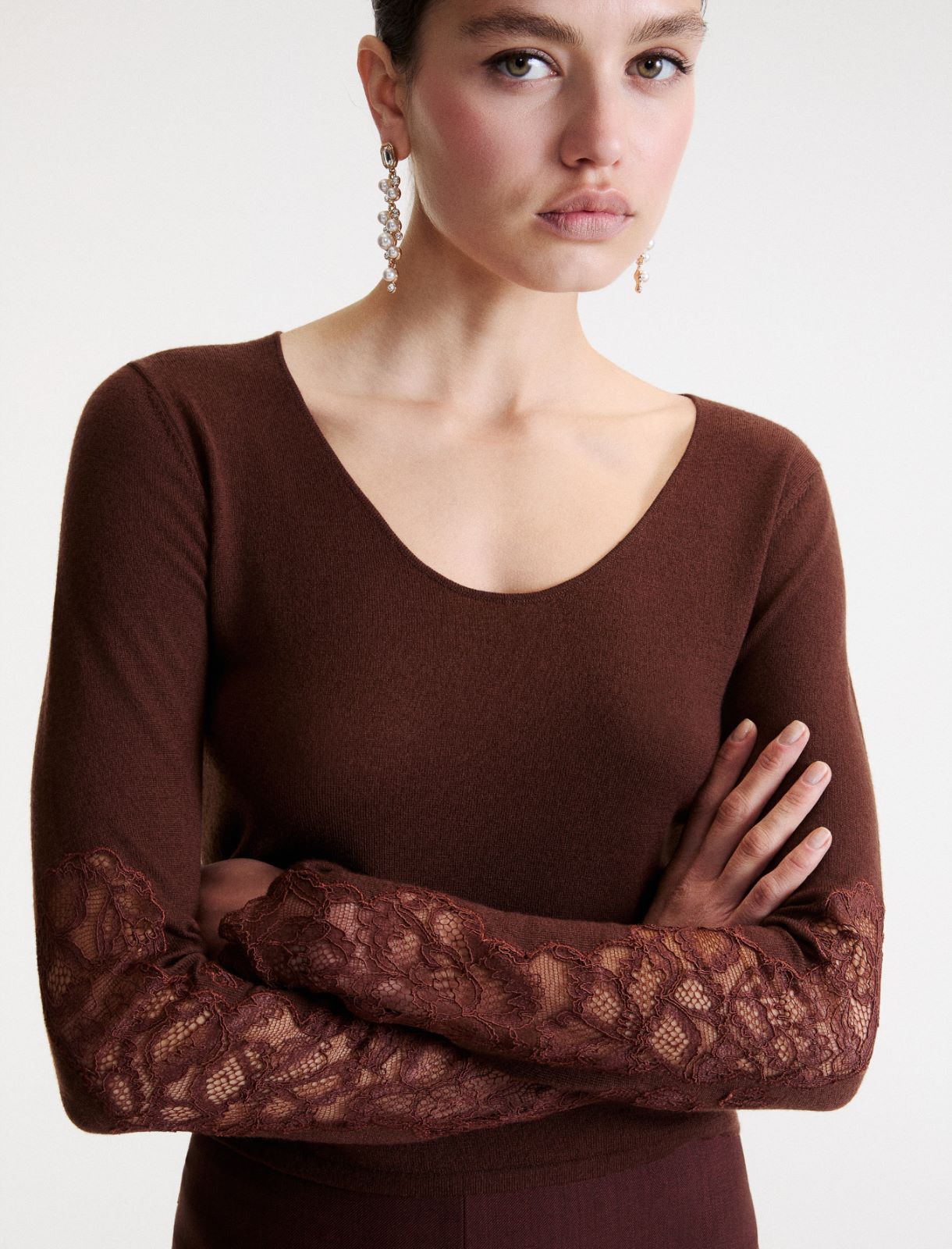 Slim-fit jumper with lace inlays - BROWN - Marella - 5