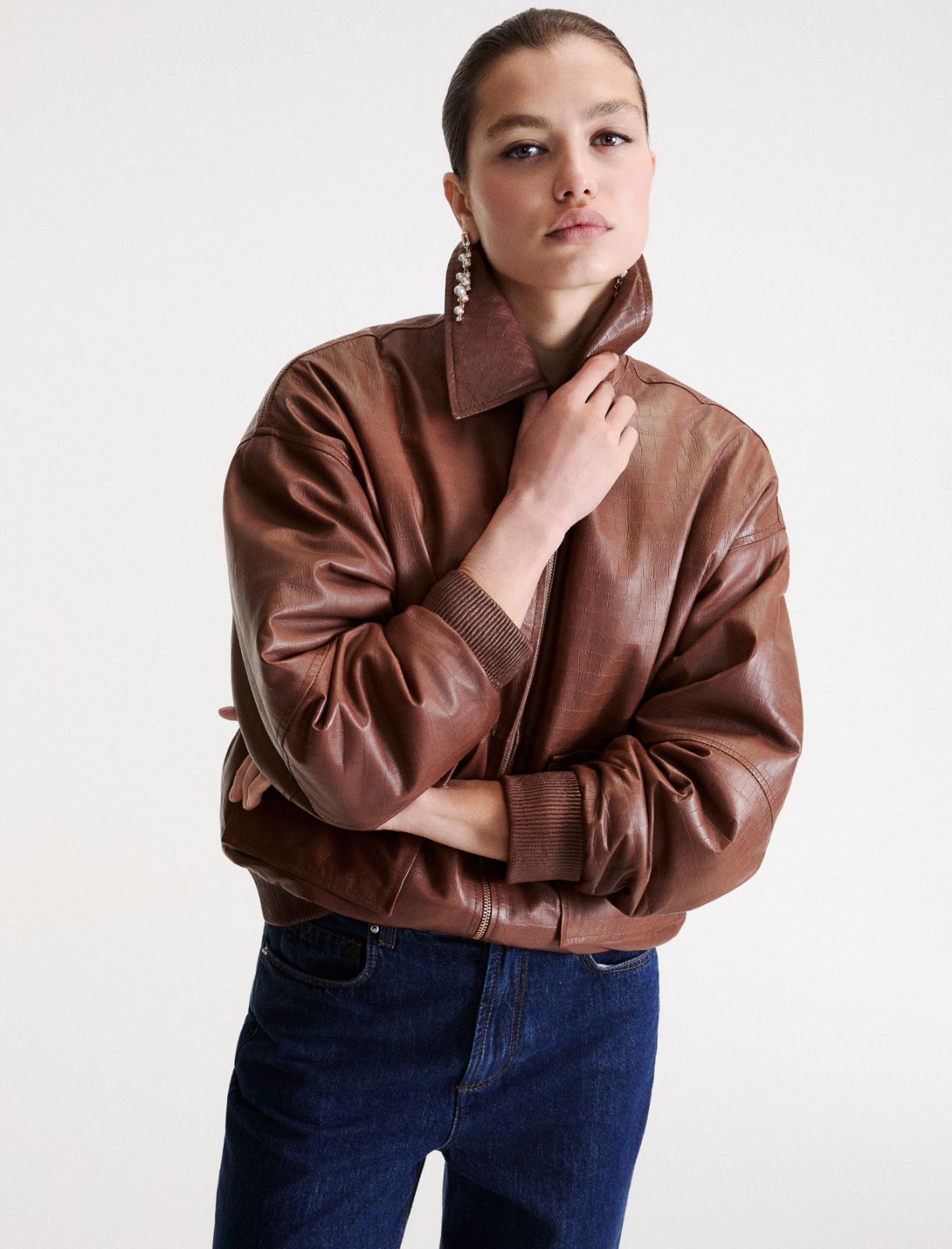 Crocodile-print leather jacket - BROWN - Marella - 4